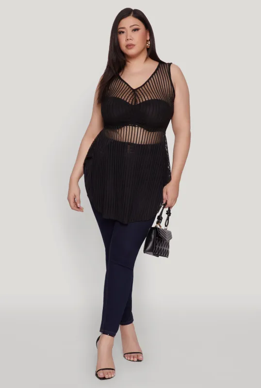 Plus Size Shadow Stripe Sleeveless Mesh Top sold by Rainbow