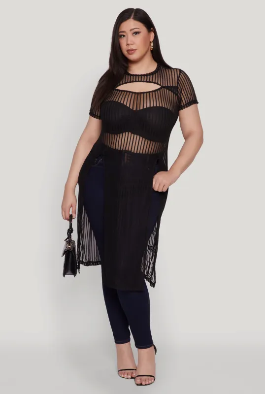 Plus Size Shadow Stripe Slit Front Maxi Top sold by Rainbow