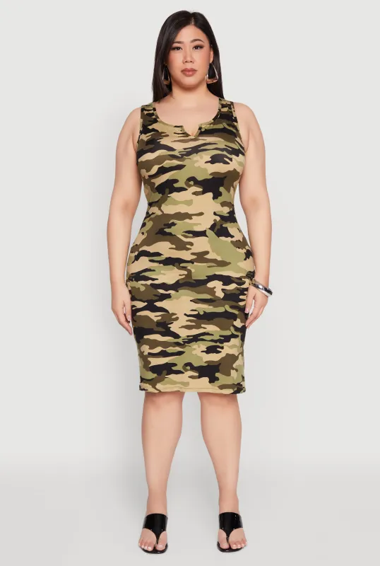 Plus Size Camo Notch Neck Tank Dress made by Rainbow