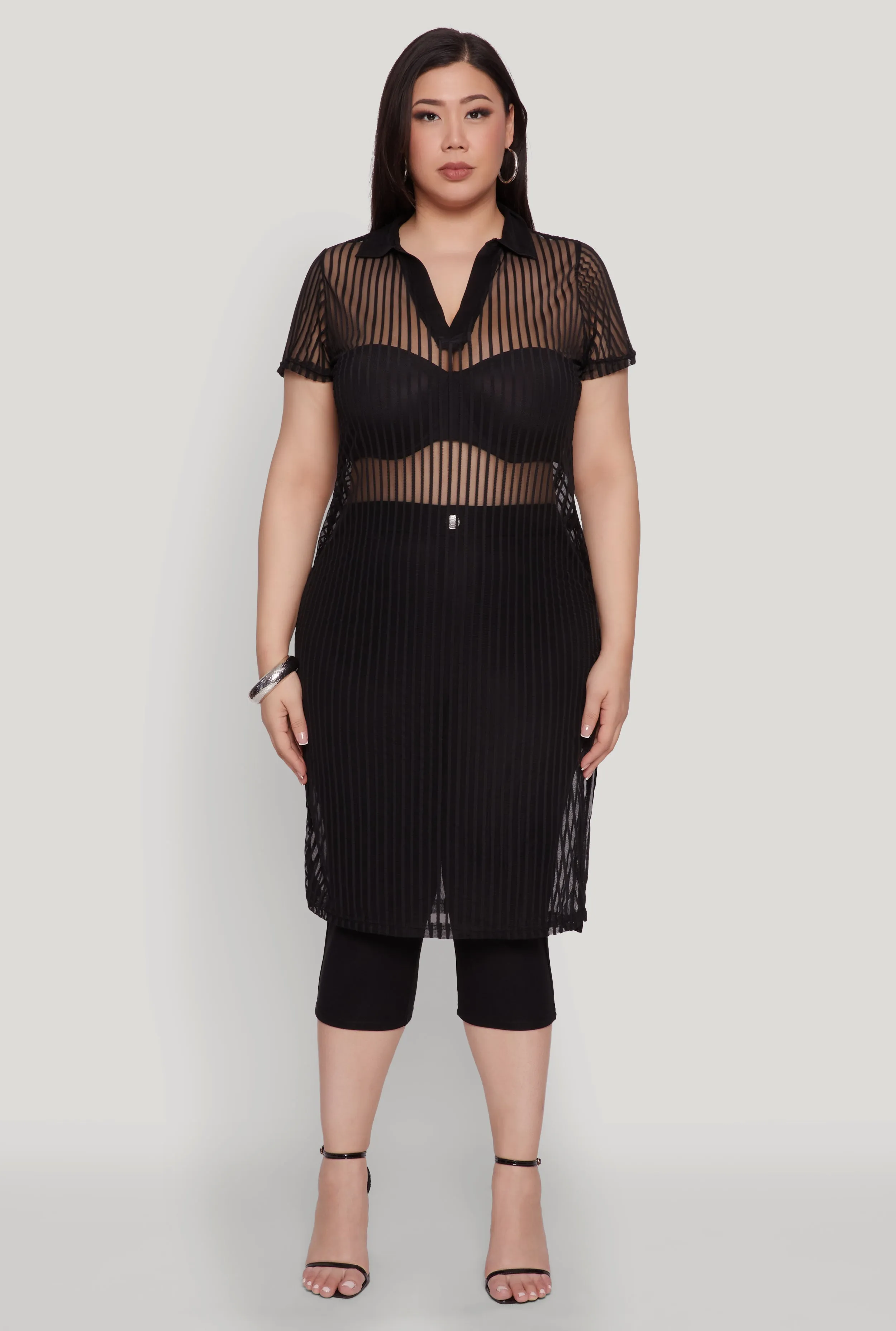 Plus Size Shadow Stripe Collared Mesh Top sold by Rainbow product image thumbnail 2