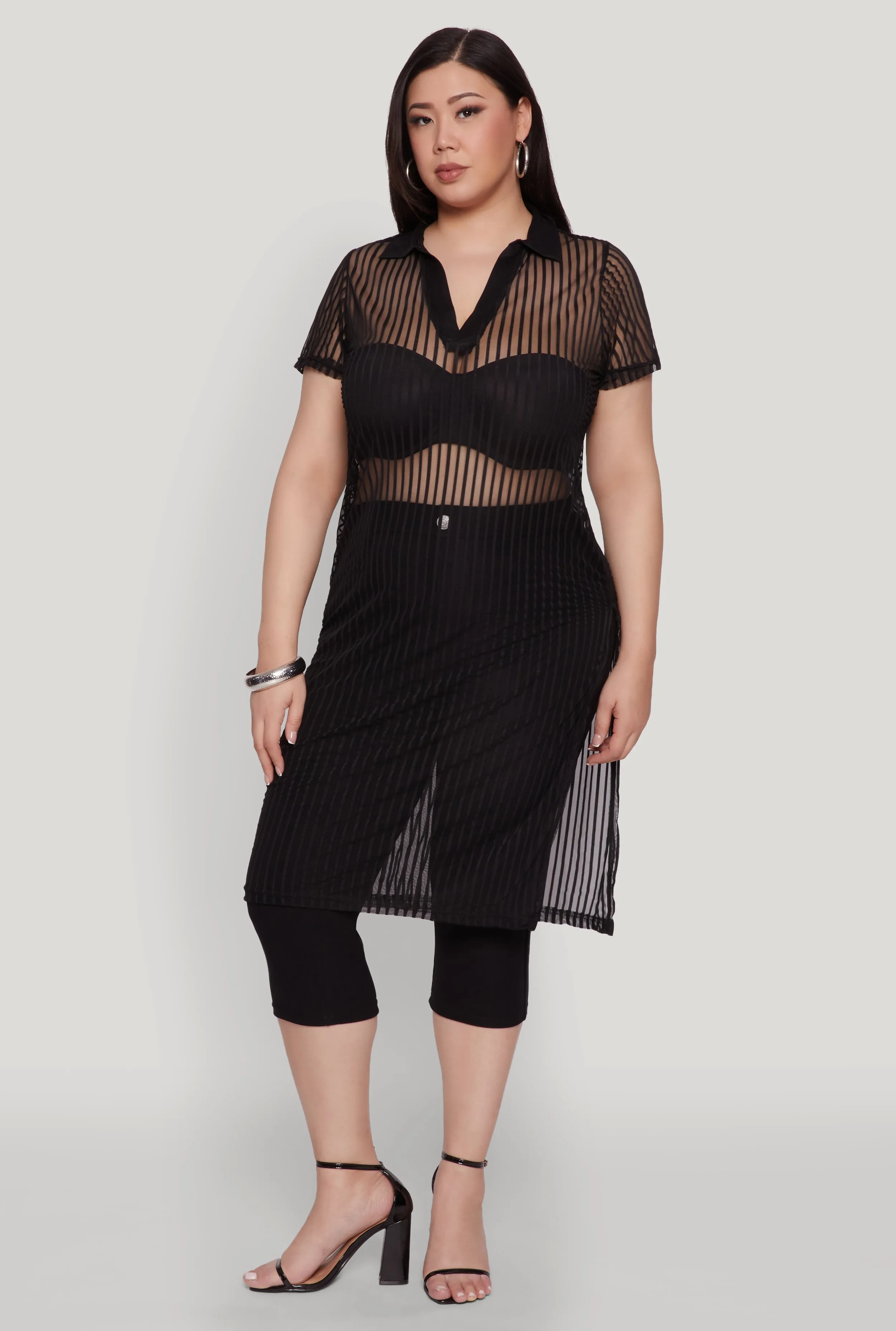 Plus Size Shadow Stripe Collared Mesh Top sold by Rainbow