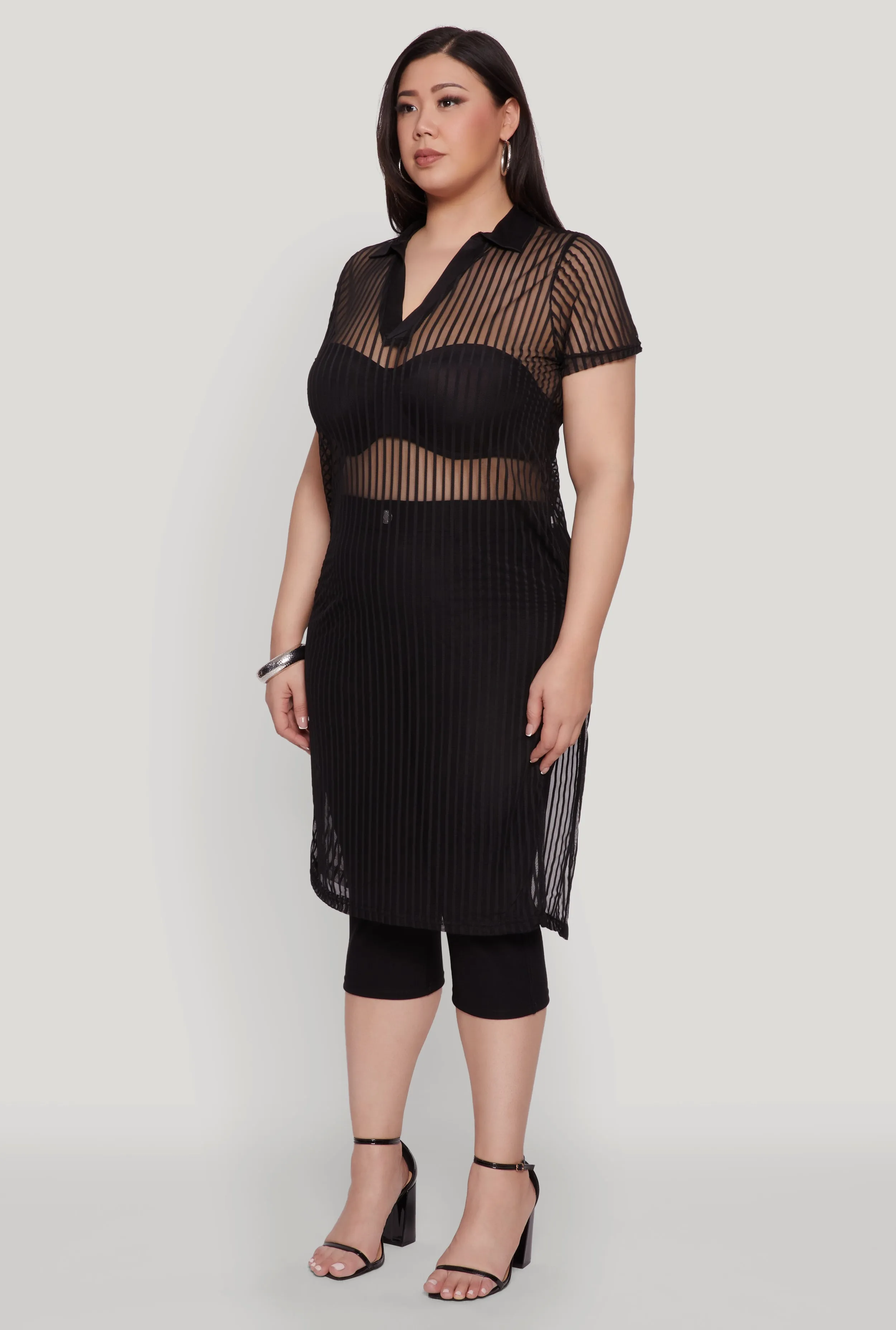 Plus Size Shadow Stripe Collared Mesh Top sold by Rainbow product image thumbnail 3