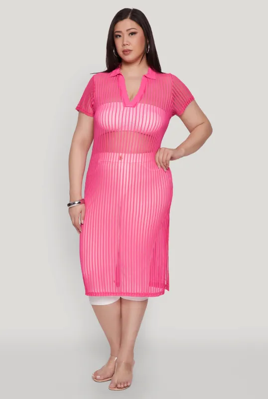 Plus Size Shadow Stripe Collared Mesh Top sold by Rainbow