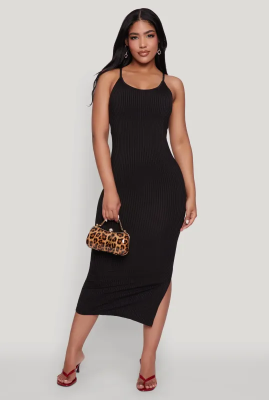 Ribbed Knit Side Slit Cami Maxi Dress sold by Rainbow
