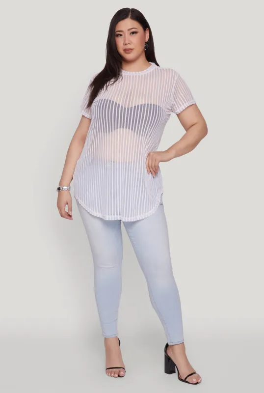 Plus Size Shadow Stripe Mesh Top sold by Rainbow