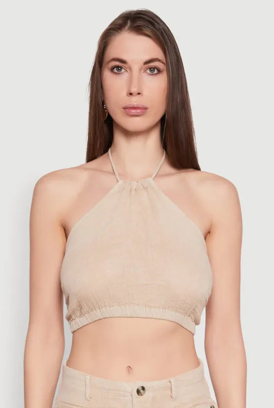 Spoon Jeans Gauze Knit Tie Back Cropped Halter Top sold by Rainbow