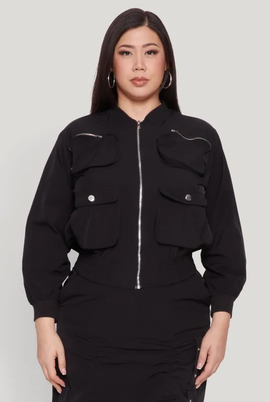 Plus Size Cargo Pocket Windbreaker Bomber Jacket sold by Rainbow