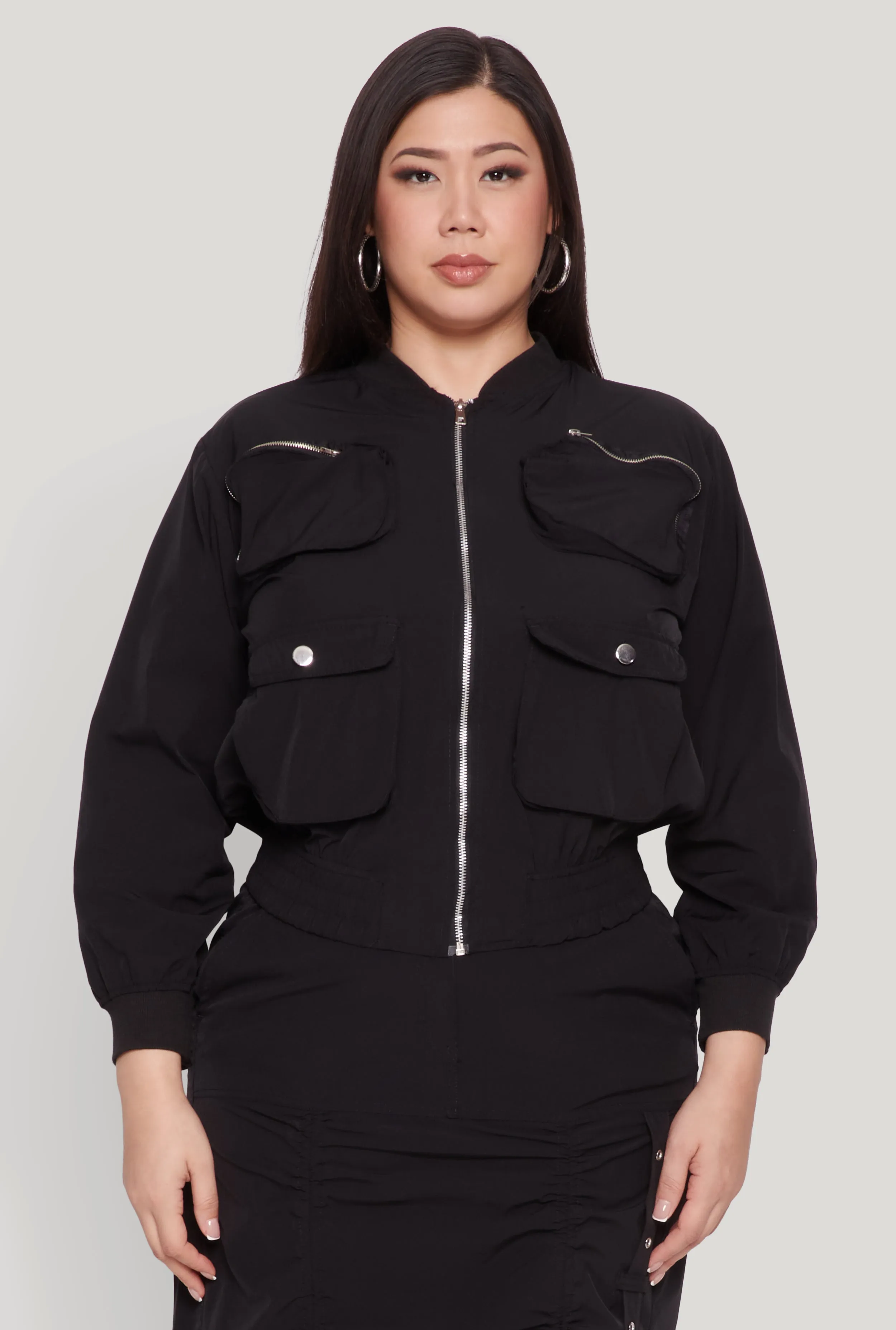 Plus Size Cargo Pocket Windbreaker Bomber Jacket sold by Rainbow
