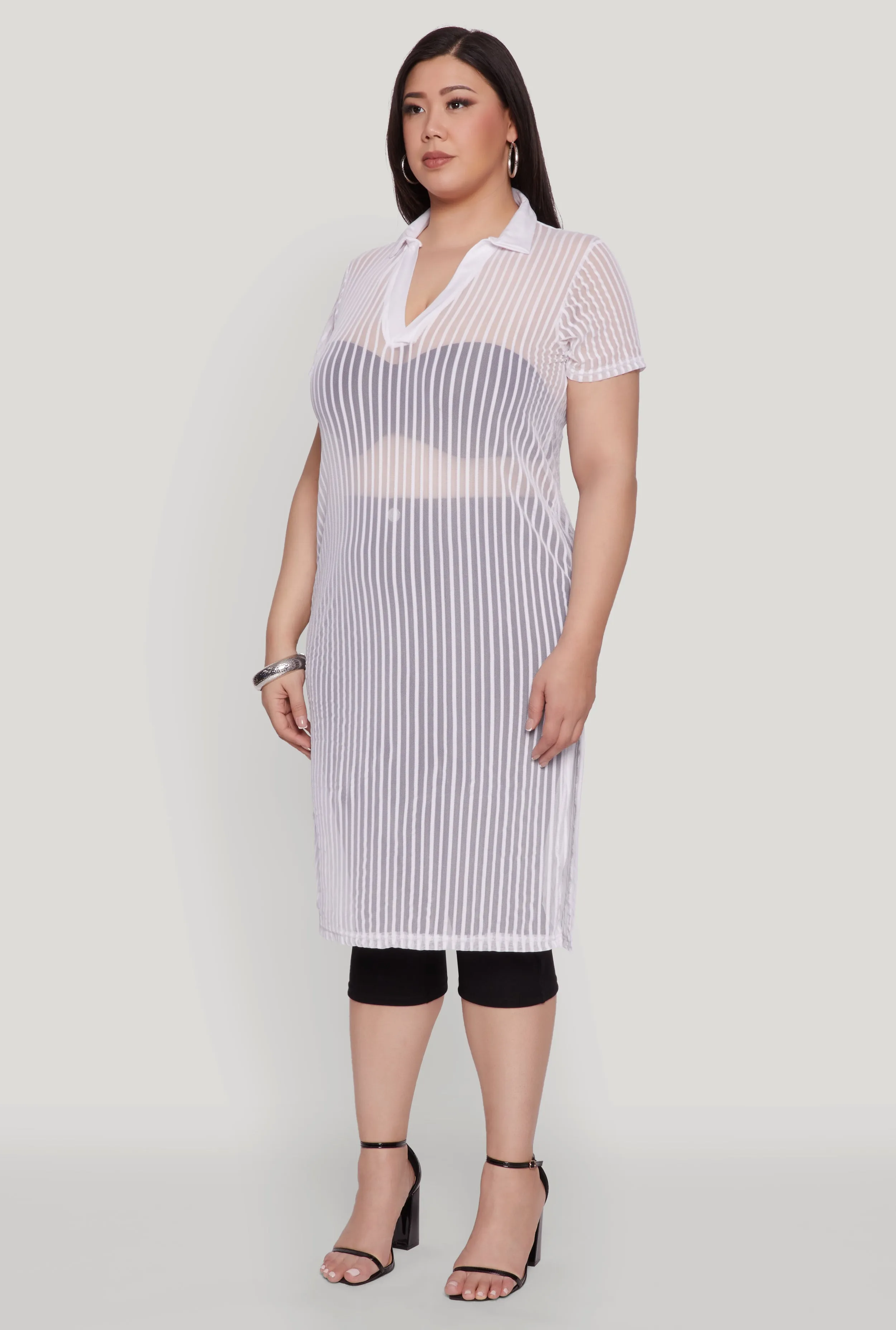 Plus Size Shadow Stripe Collared Mesh Top sold by Rainbow product image thumbnail 3