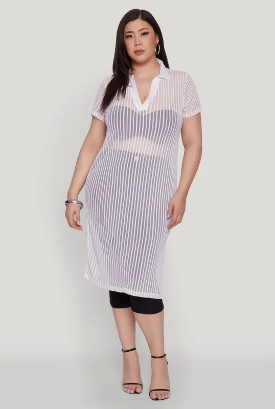 Plus Size Shadow Stripe Collared Mesh Top sold by Rainbow