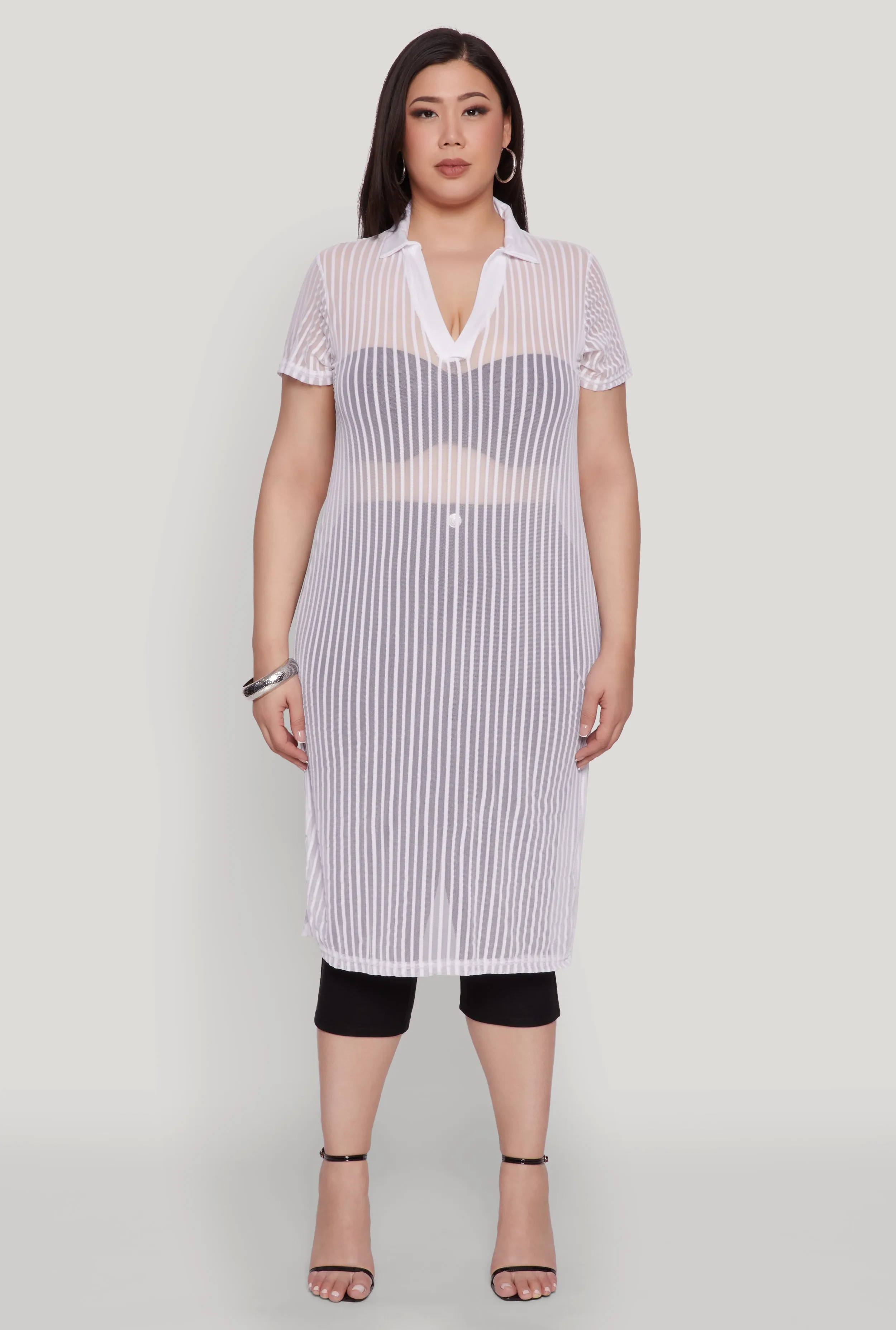 Plus Size Shadow Stripe Collared Mesh Top sold by Rainbow product image thumbnail 2