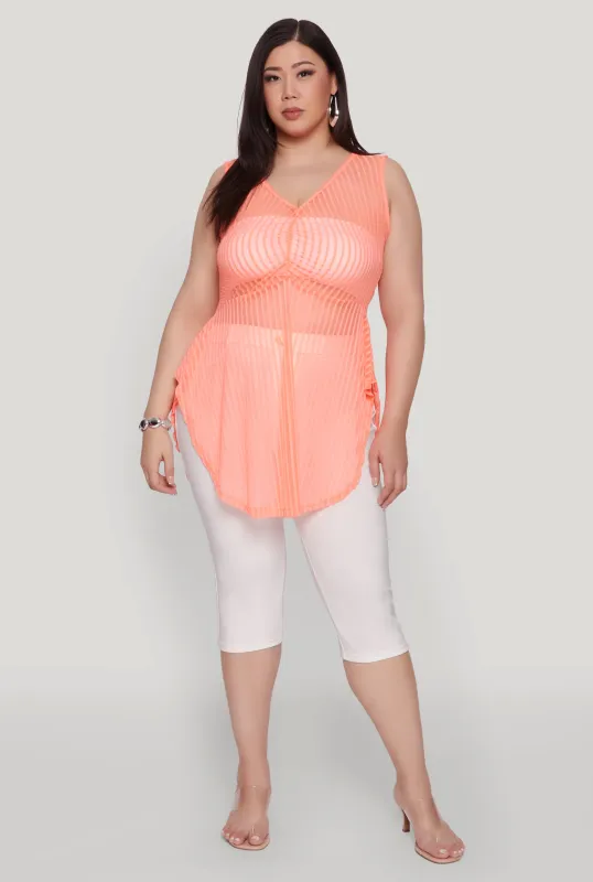 Plus Size Shadow Stripe Sleeveless Mesh Top sold by Rainbow
