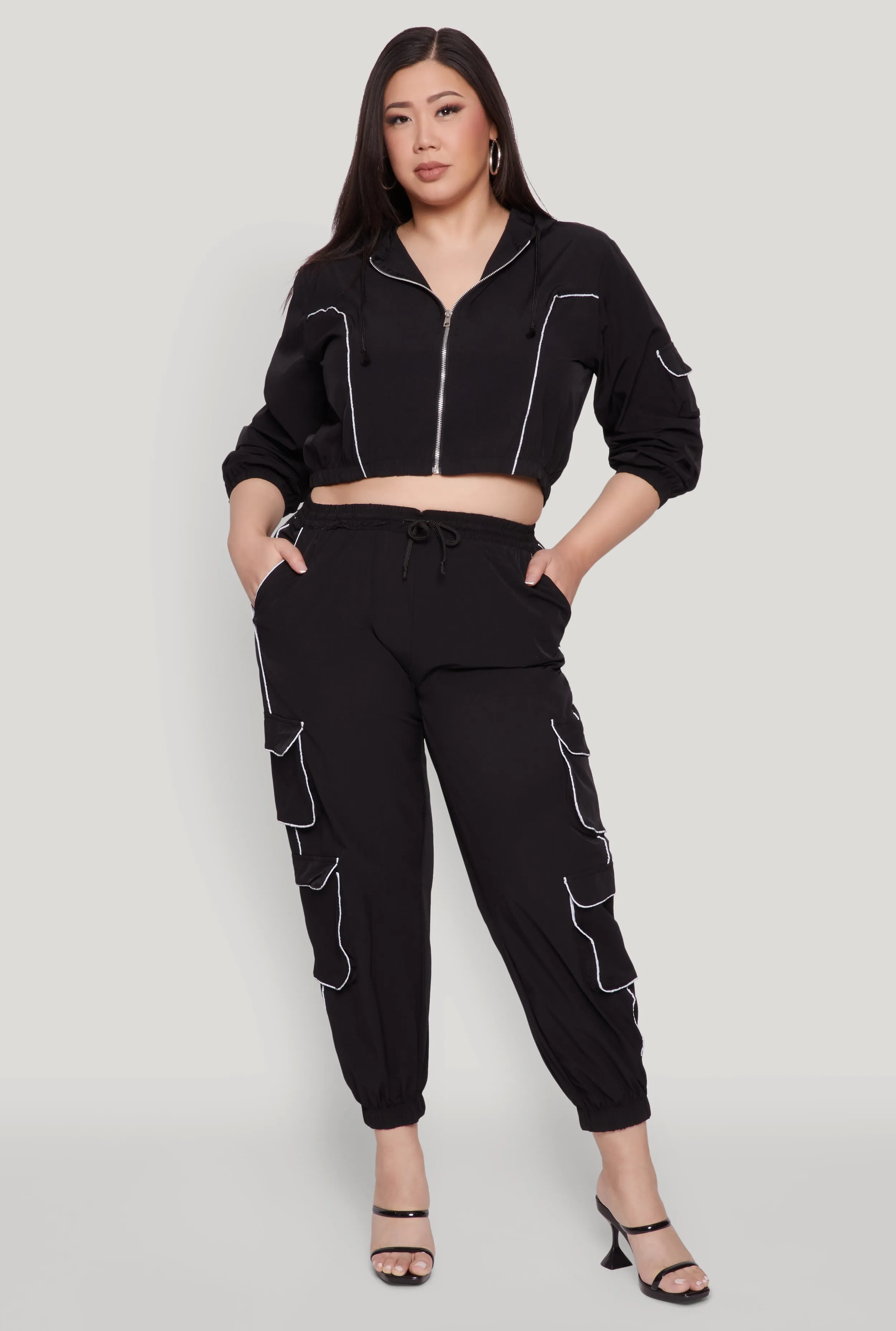 Plus Size Cargo Pocket Sleeve Cropped Track Jacket sold by Rainbow product image thumbnail 2