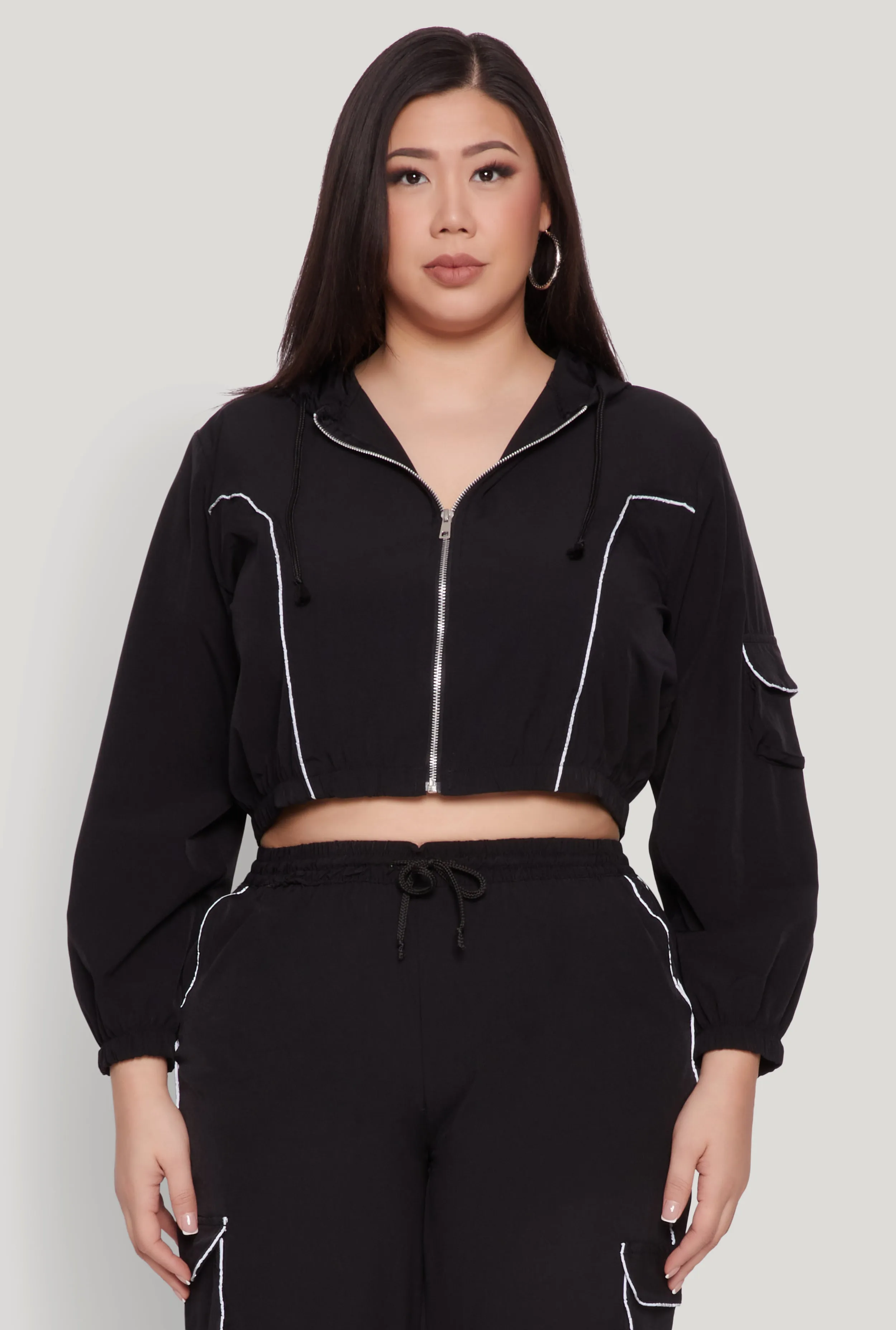 Plus Size Cargo Pocket Sleeve Cropped Track Jacket sold by Rainbow