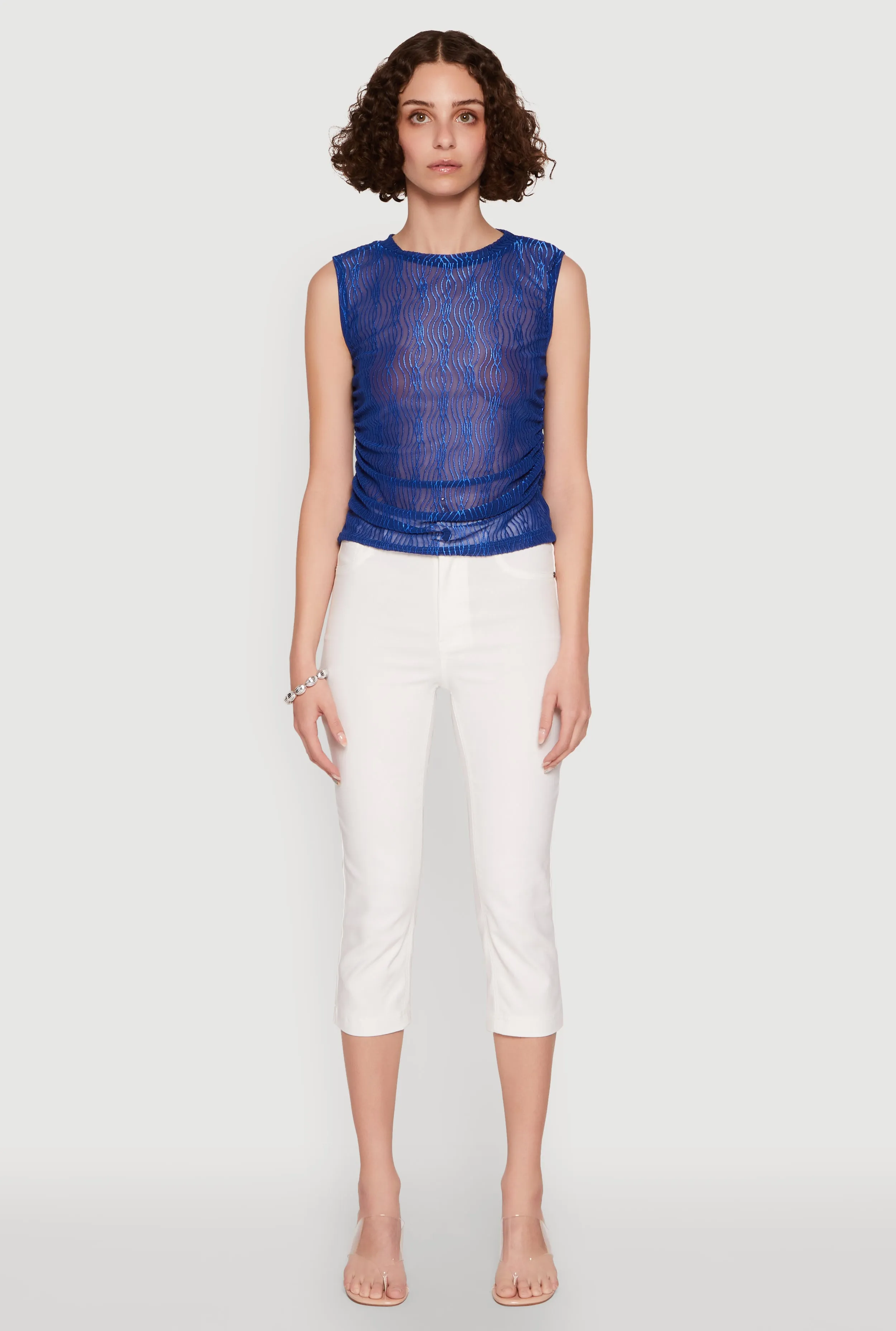 Side Ruched Sleeveless Mesh Top sold by Rainbow