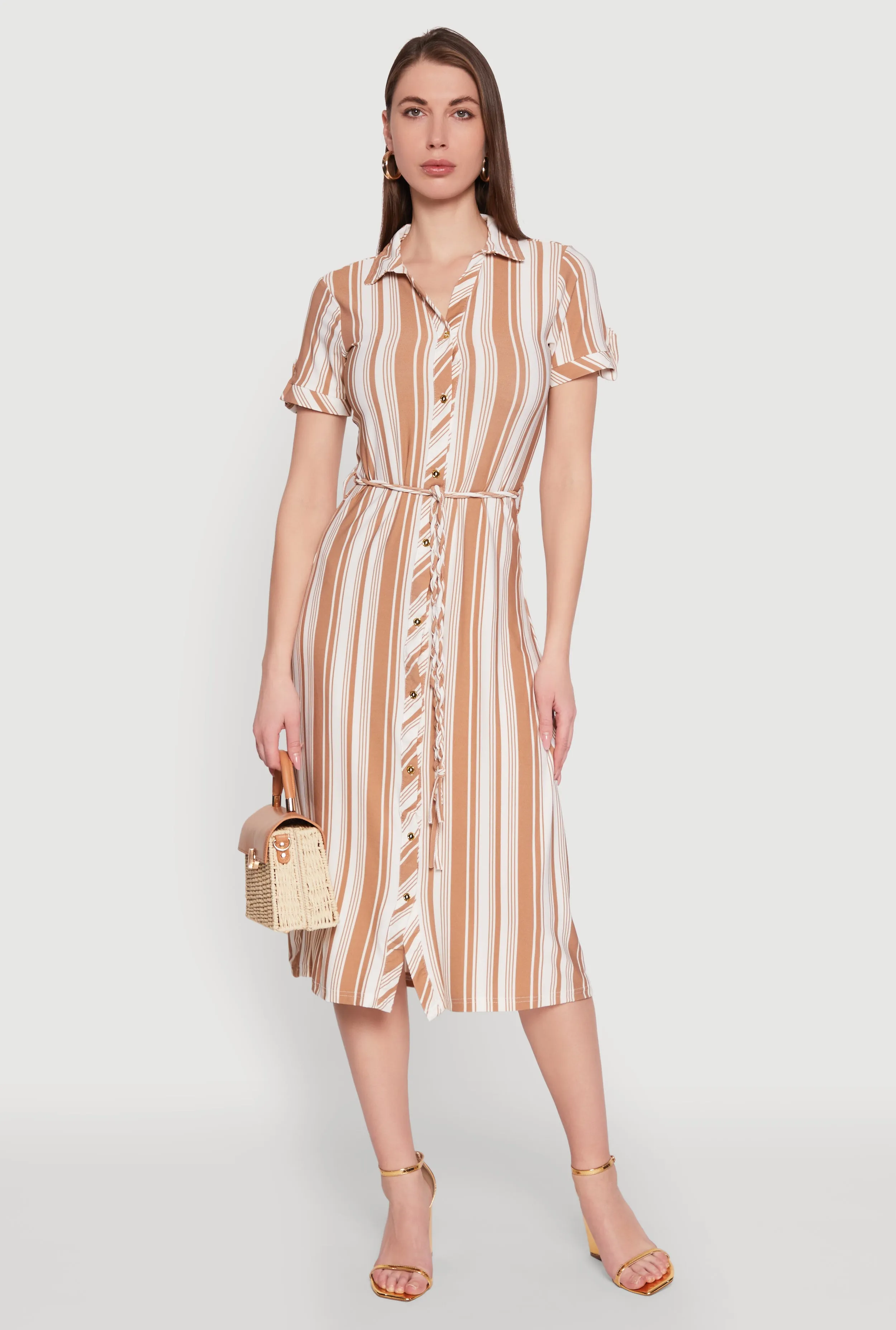 Striped Tie Waist Belted Shirt Dress sold by Rainbow