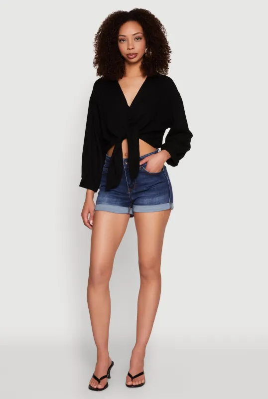 Haute Monde Linen Tie Front Crop Top sold by Rainbow