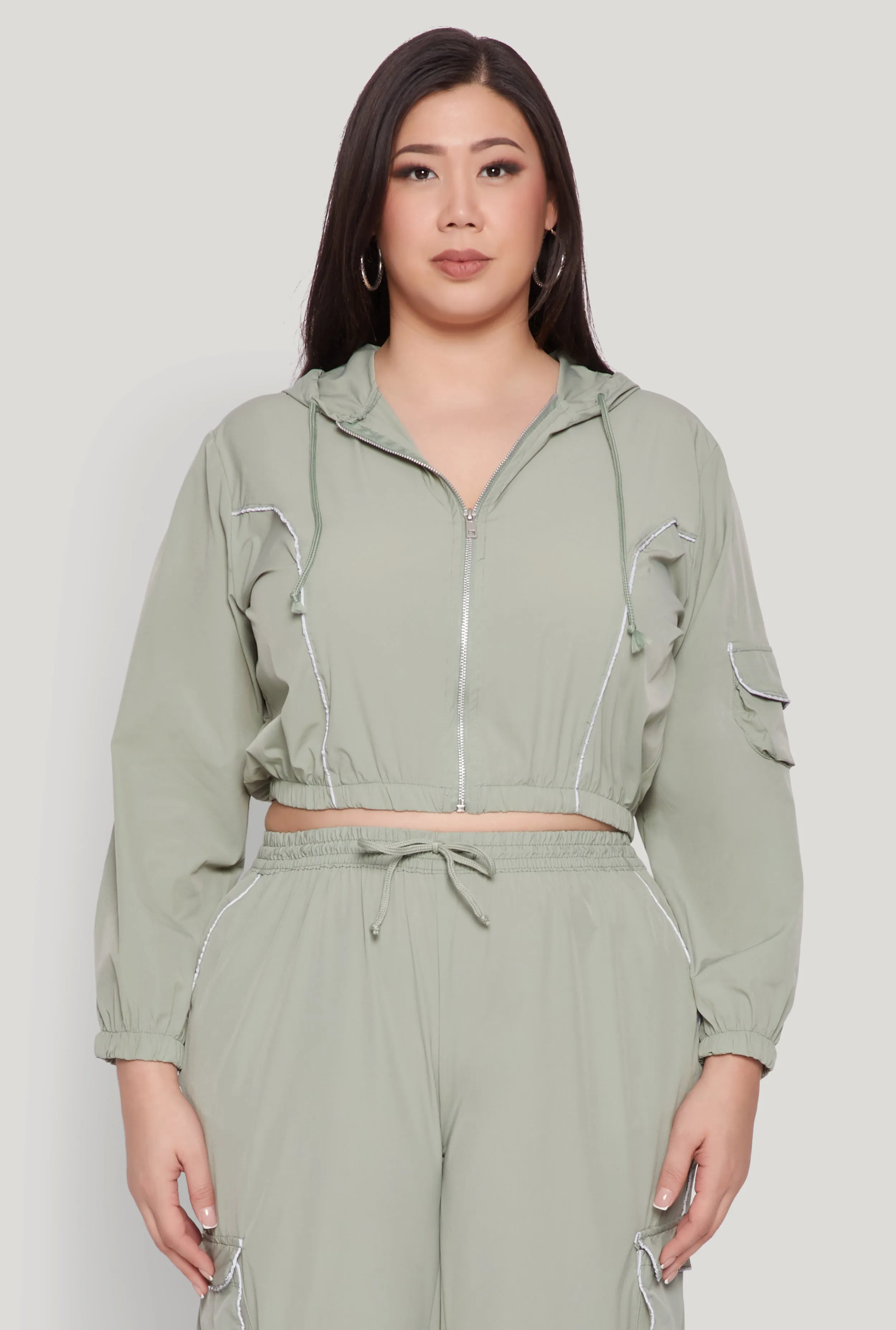 Plus Size Cargo Pocket Sleeve Cropped Track Jacket sold by Rainbow