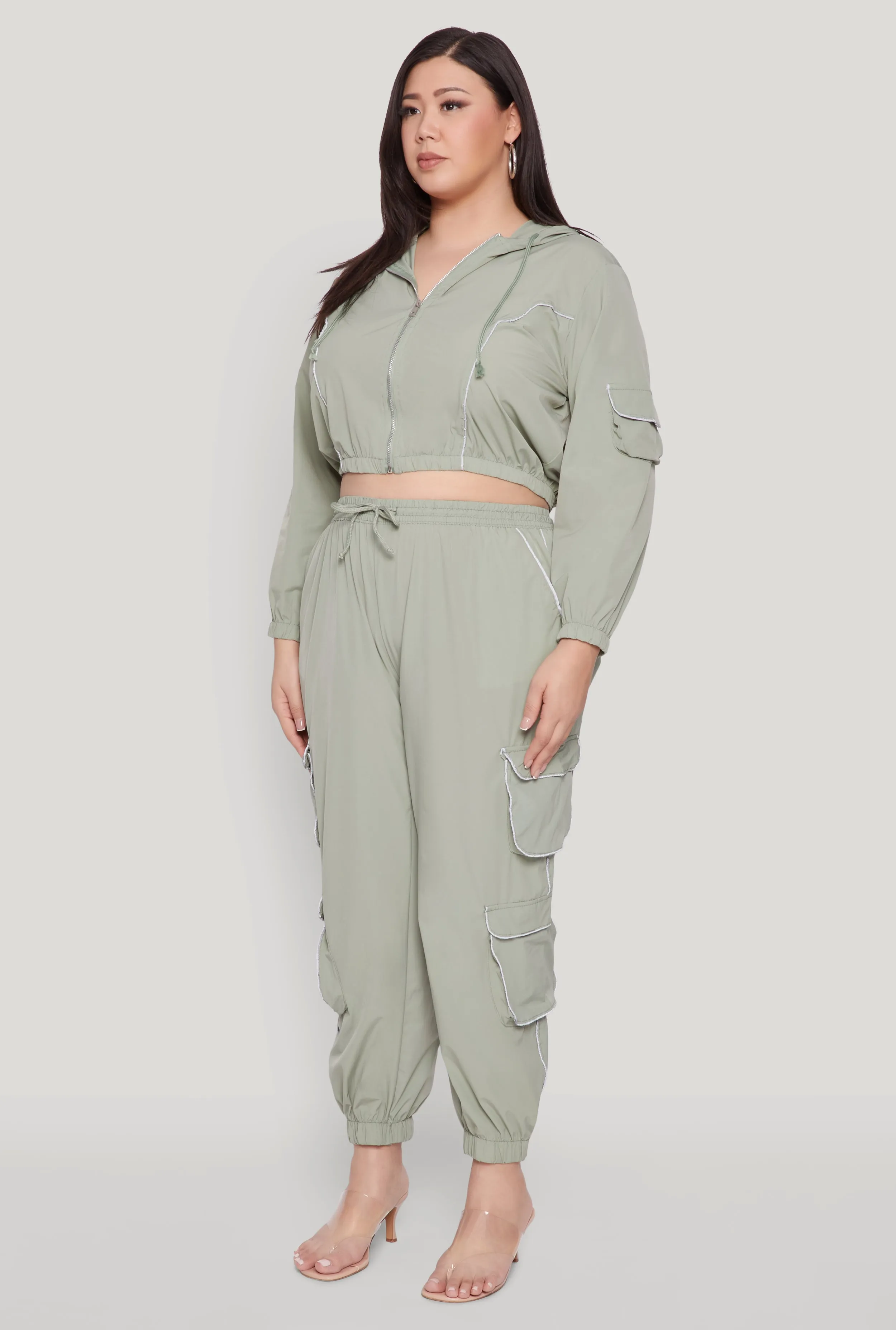 Plus Size Cargo Pocket Sleeve Cropped Track Jacket sold by Rainbow product image thumbnail 5