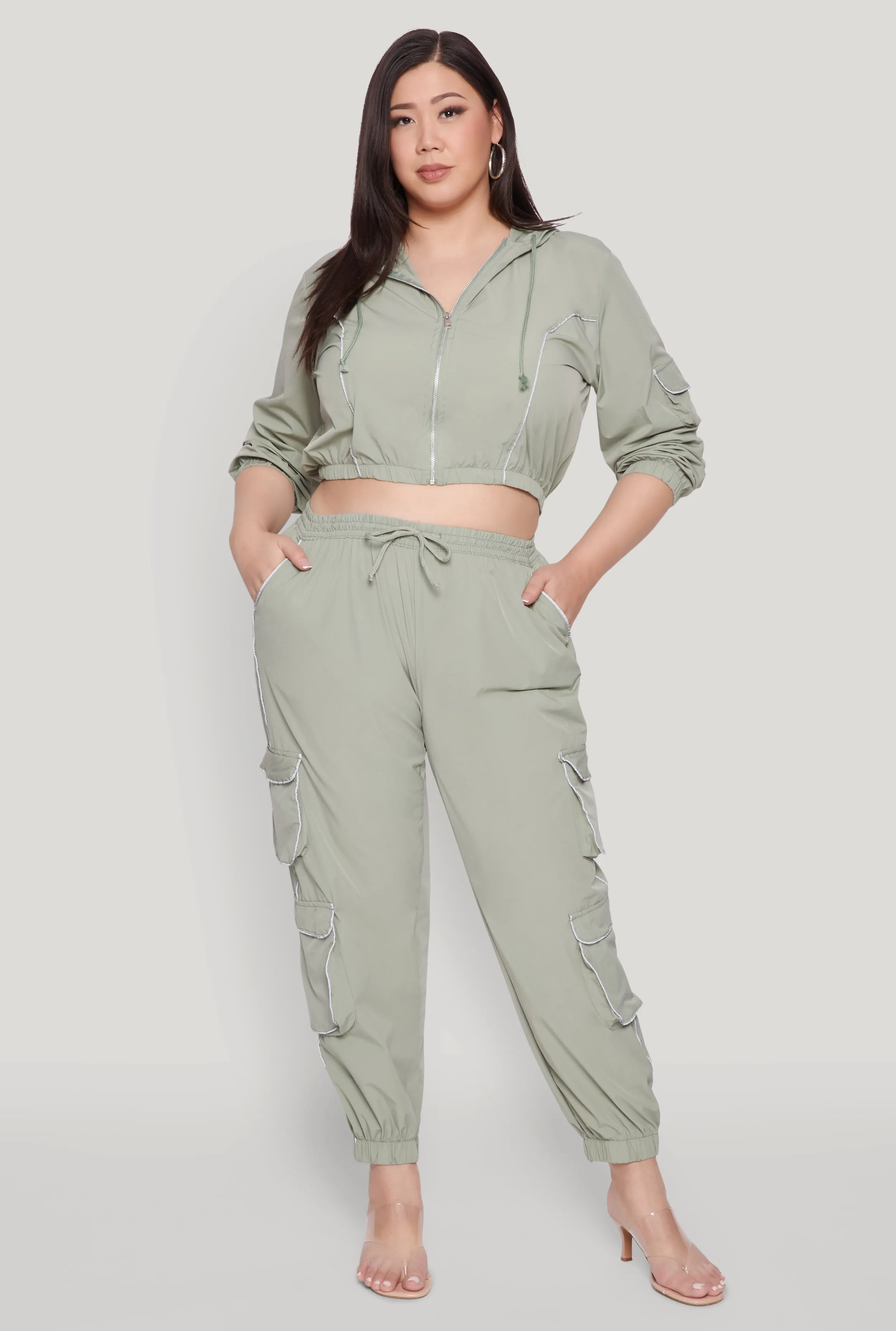 Plus Size Cargo Pocket Sleeve Cropped Track Jacket sold by Rainbow product image thumbnail 2