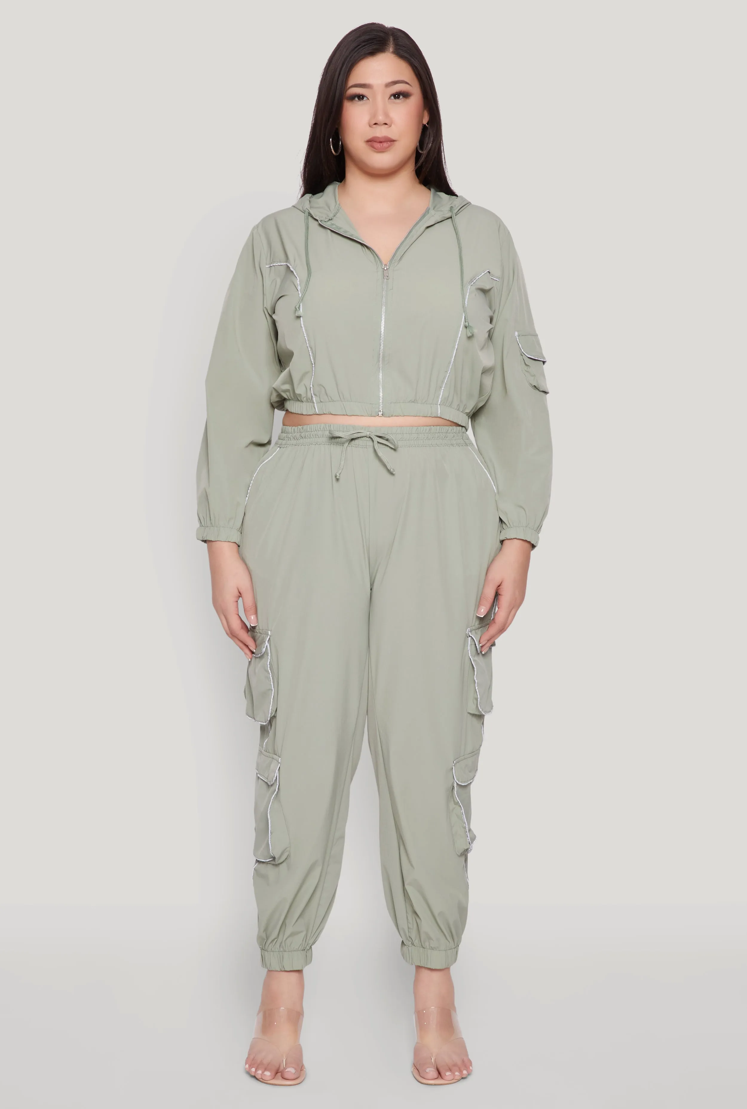 Plus Size Cargo Pocket Sleeve Cropped Track Jacket sold by Rainbow product image thumbnail 3