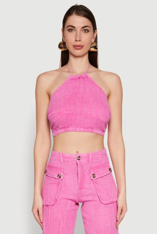 Spoon Jeans Gauze Knit Tie Back Cropped Halter Top sold by Rainbow