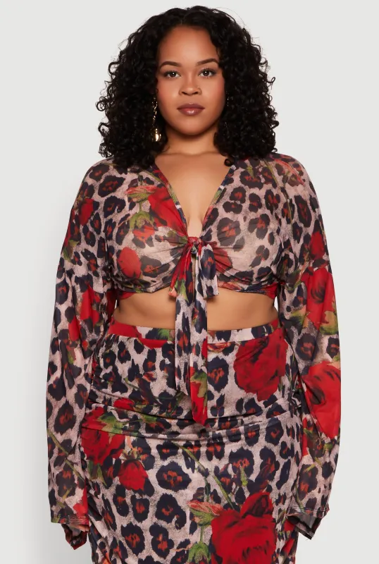 Plus Size Mesh Jaguar Rose Print Tie Front Crop Top sold by Rainbow