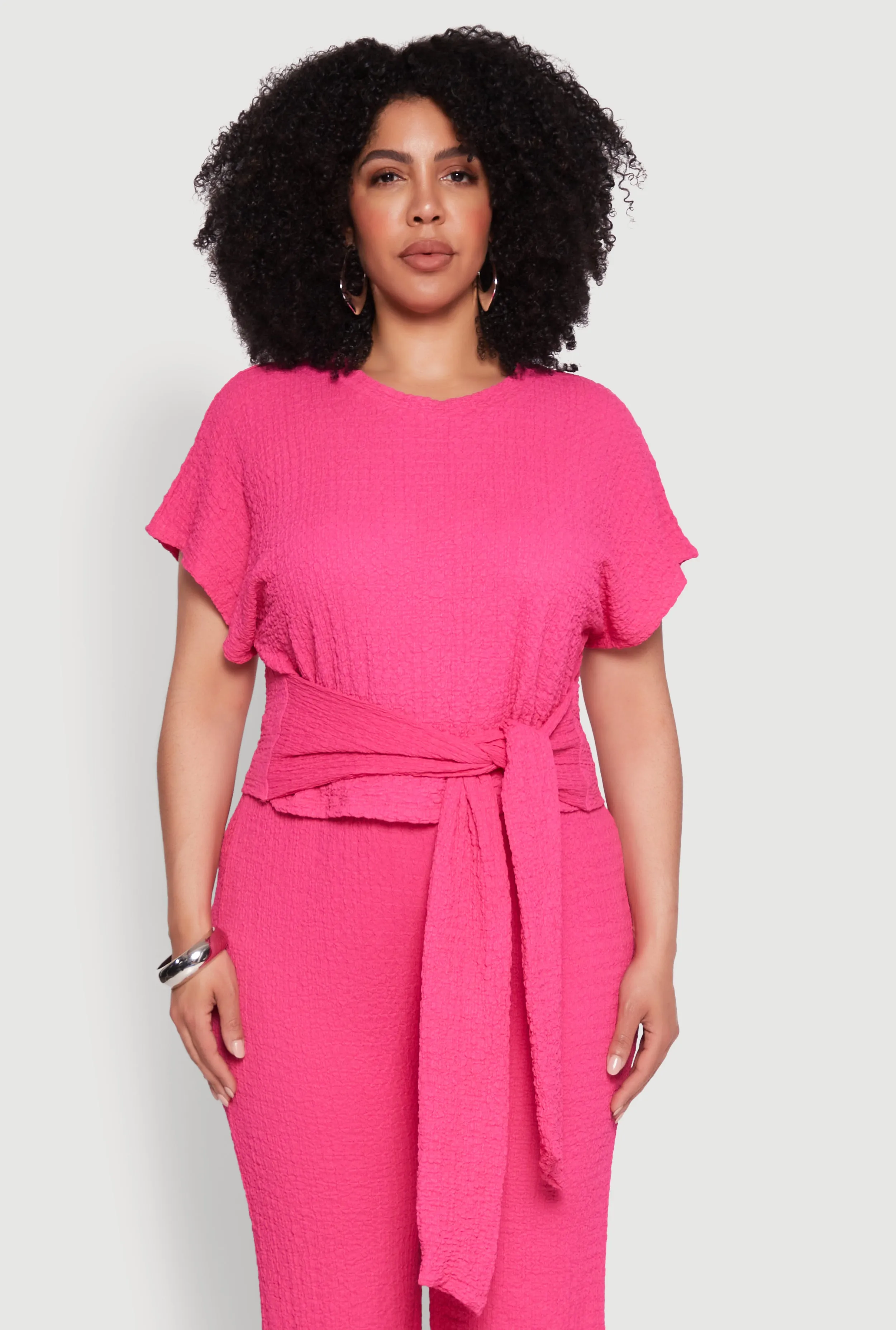 Plus Size Textured Knit Tie Waist Top sold by Rainbow