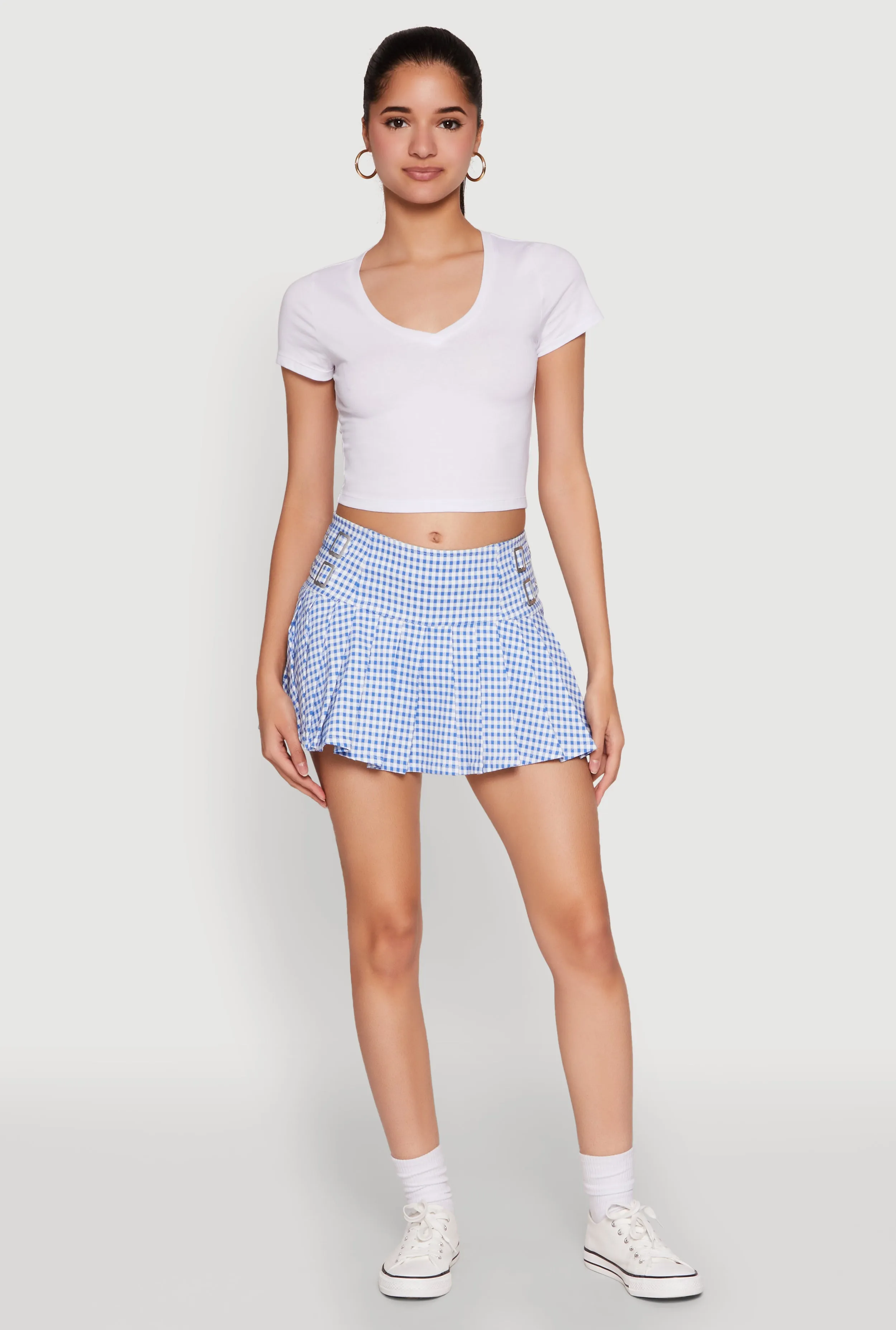 Almost Famous Buckle Detail Gingham Pleated Skort sold by Rainbow