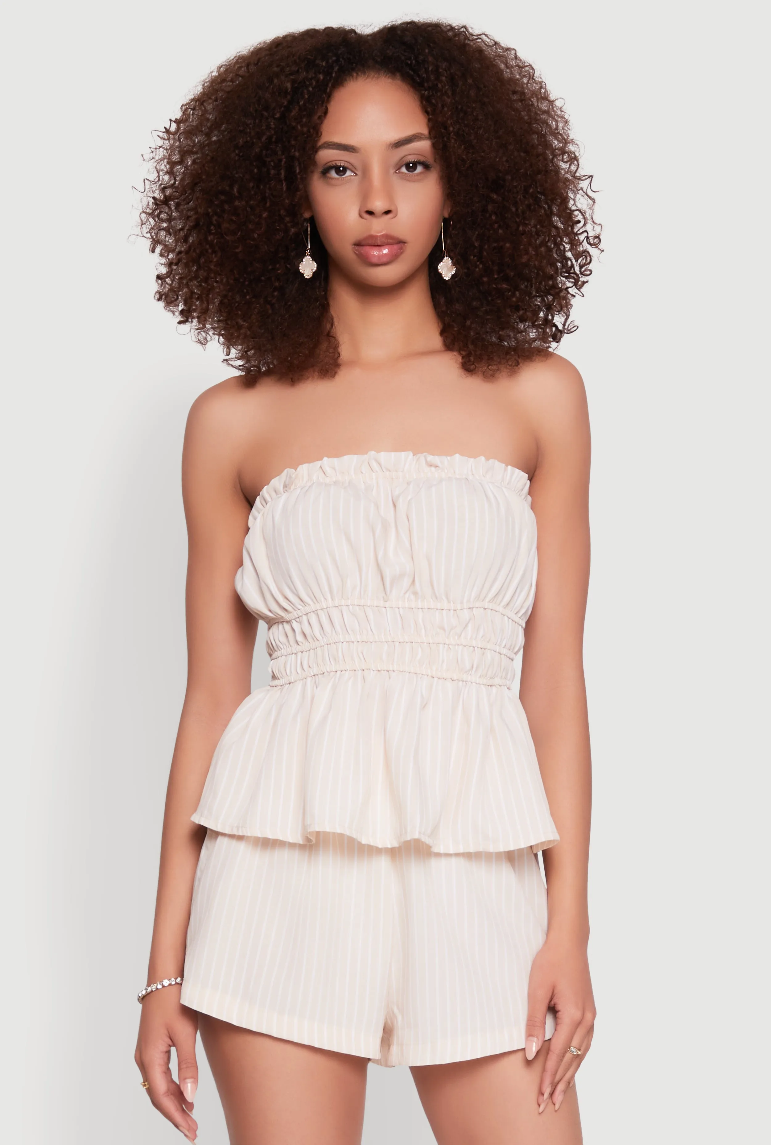 Haute Monde Smocked Pinstripe Peplum Top sold by Rainbow