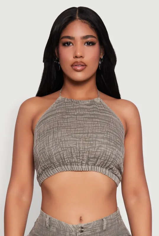 Spoon Jeans Gauze Knit Tie Back Cropped Halter Top sold by Rainbow