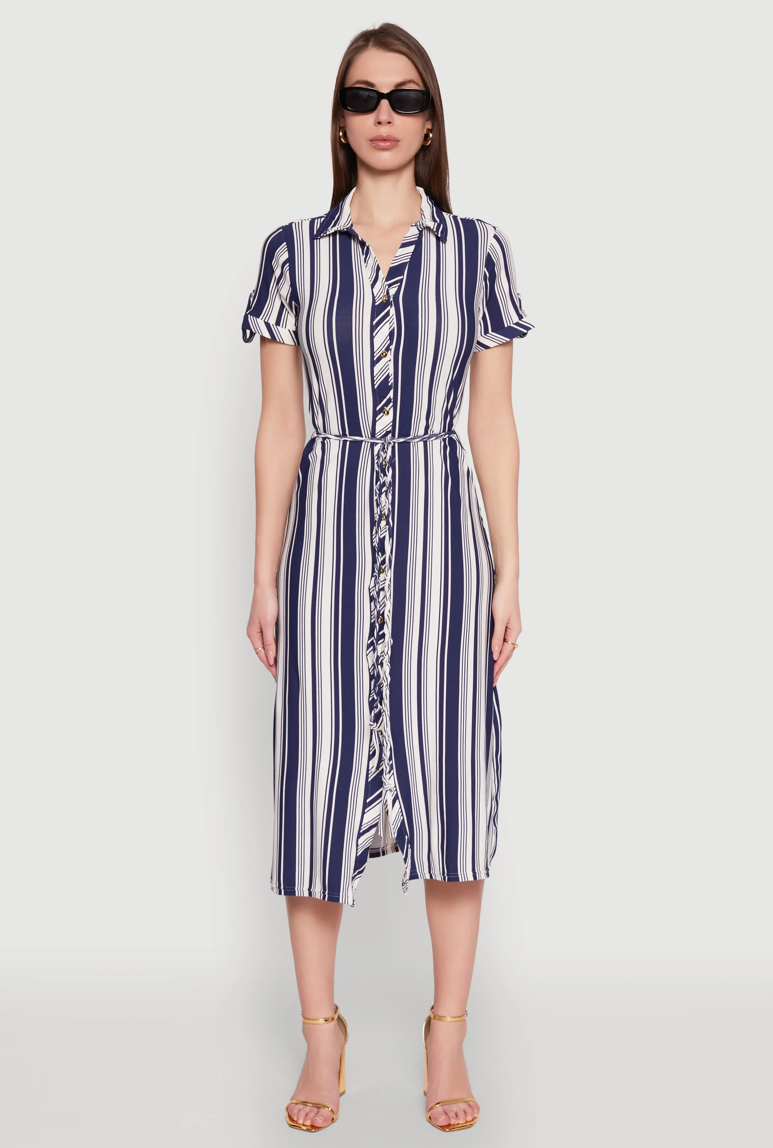 Striped Tie Waist Belted Shirt Dress sold by Rainbow