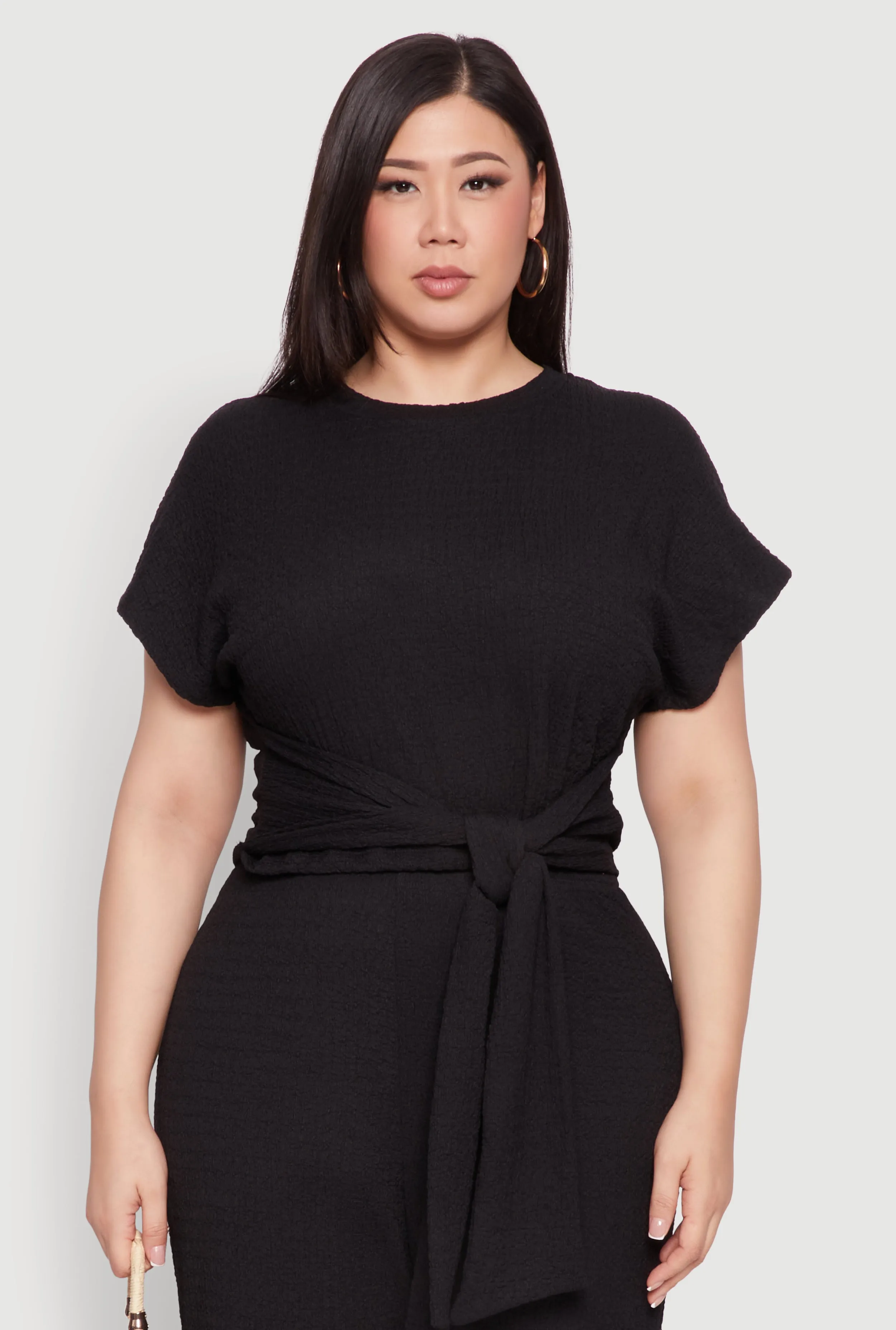 Plus Size Textured Knit Tie Waist Top sold by Rainbow