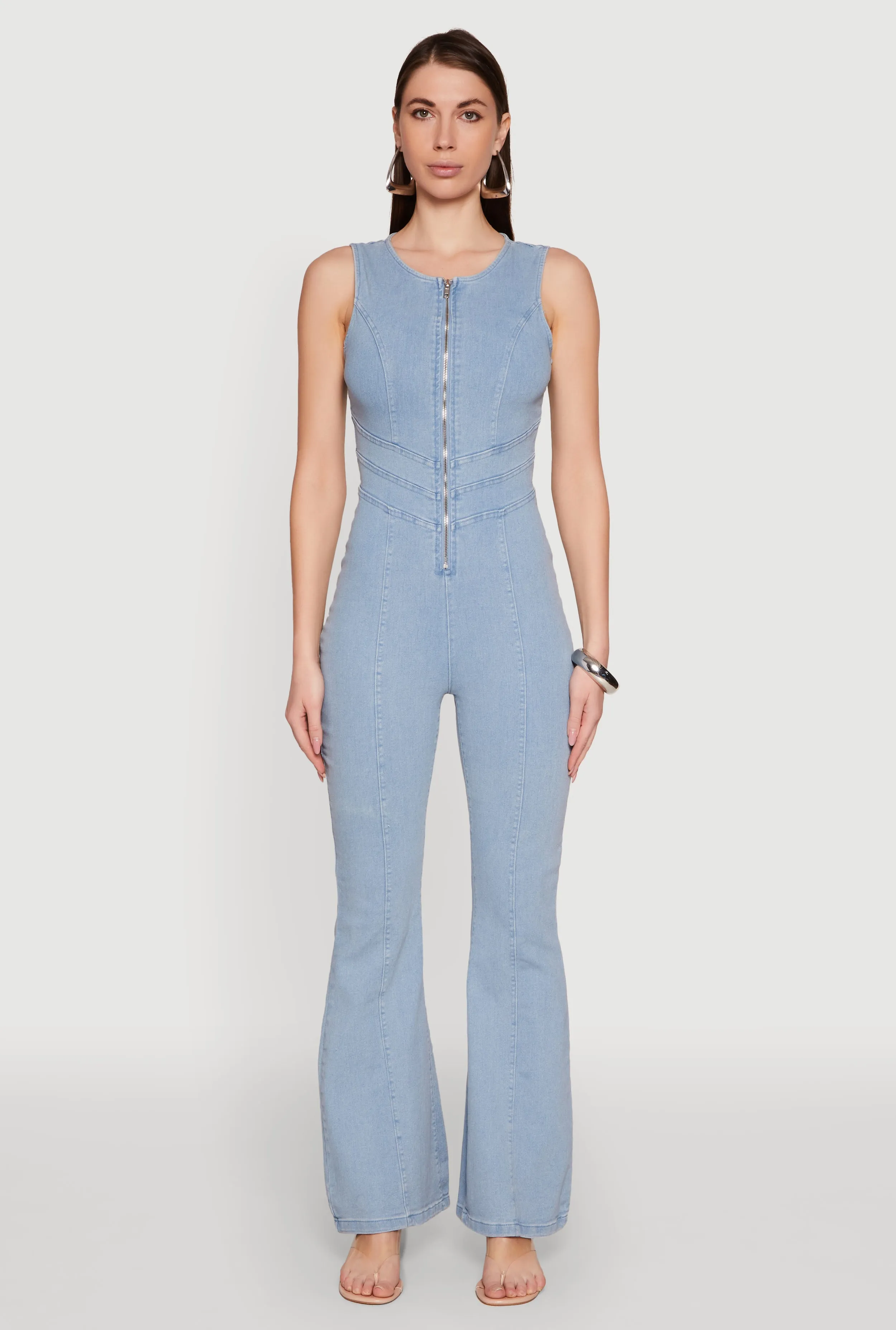 Denim Zip Front Sleeveless Jumpsuit sold by Rainbow