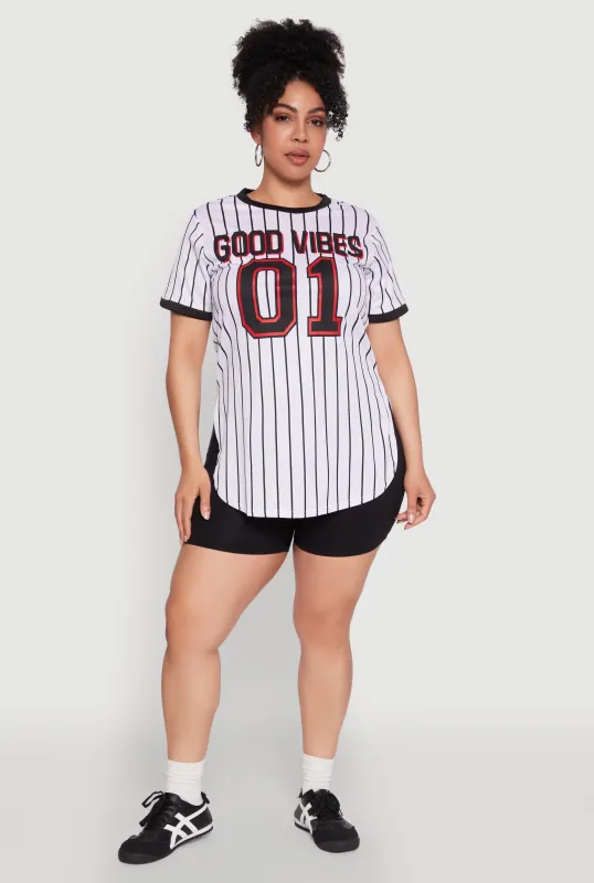 Plus Size Good Vibes 01 Pinstripe Baseball Jersey sold by Rainbow