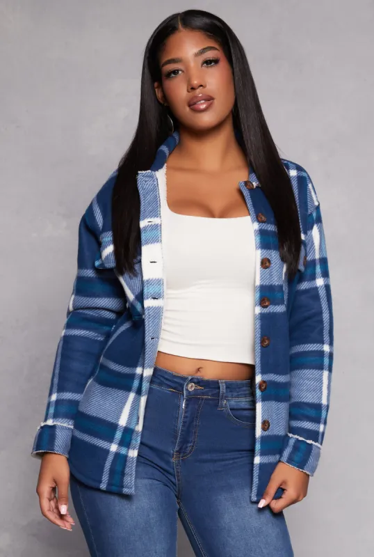 Plaid Sherpa Lined Button Front Shacket sold by Rainbow