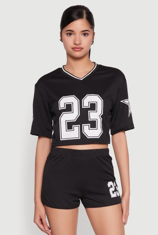 Jersey Mesh 23 Graphic Contrast Trim Crop Top sold by Rainbow