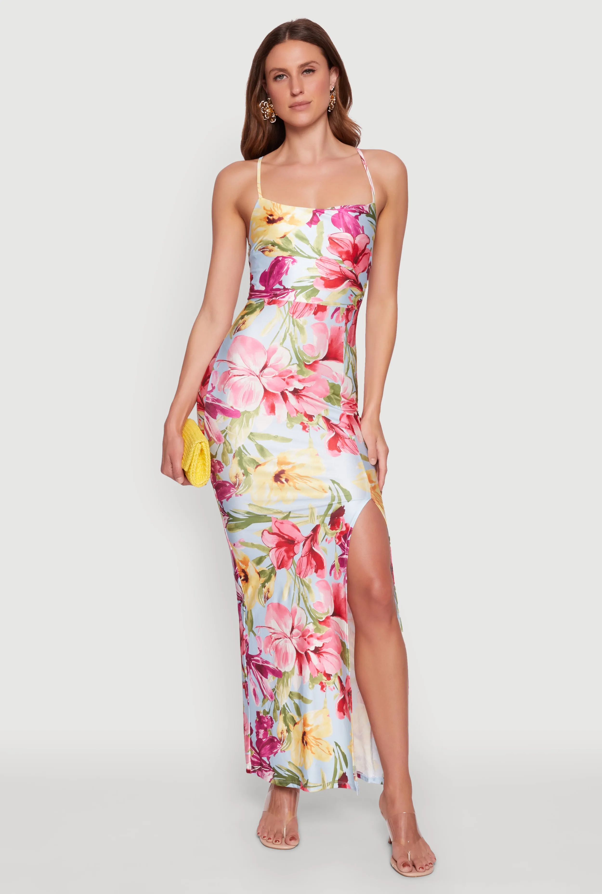 Iris Floral Print Lace Up Back Maxi Dress sold by Rainbow