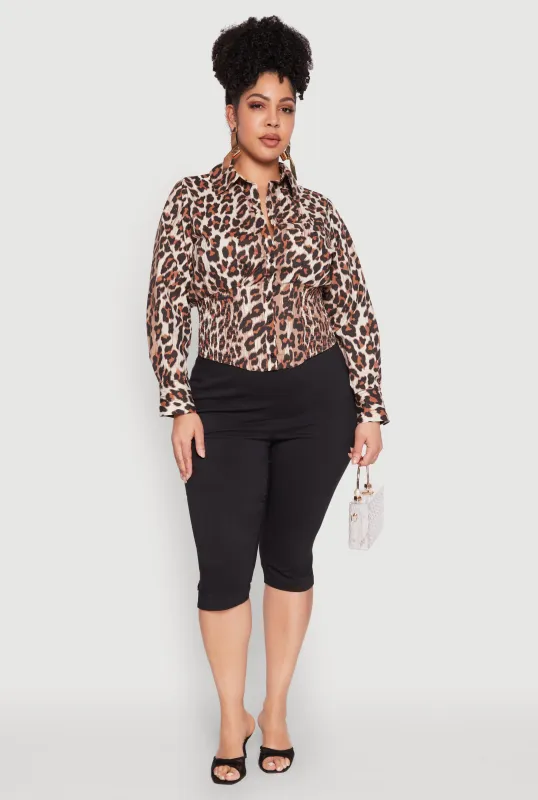 Plus Size Leopard Print Smocked Waist Blouse sold by Rainbow