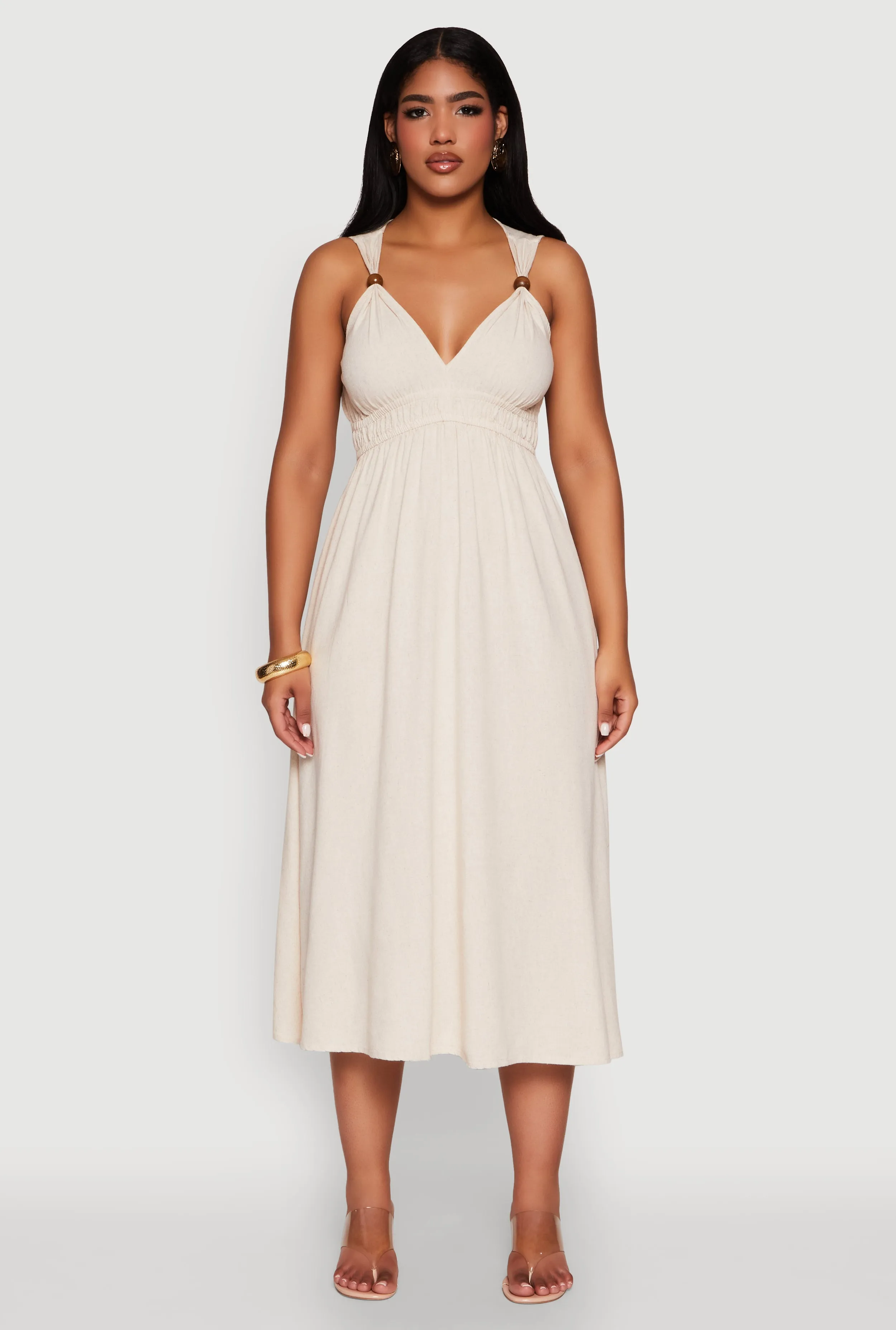 Haute Monde Linen Wood Beaded Strap Sundress sold by Rainbow