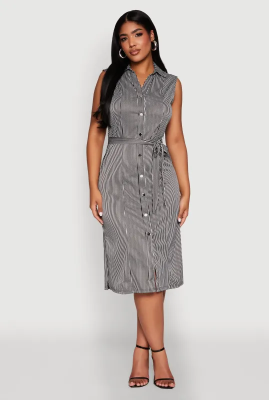 Striped Button Detail Tie Waist Shirt Dress sold by Rainbow