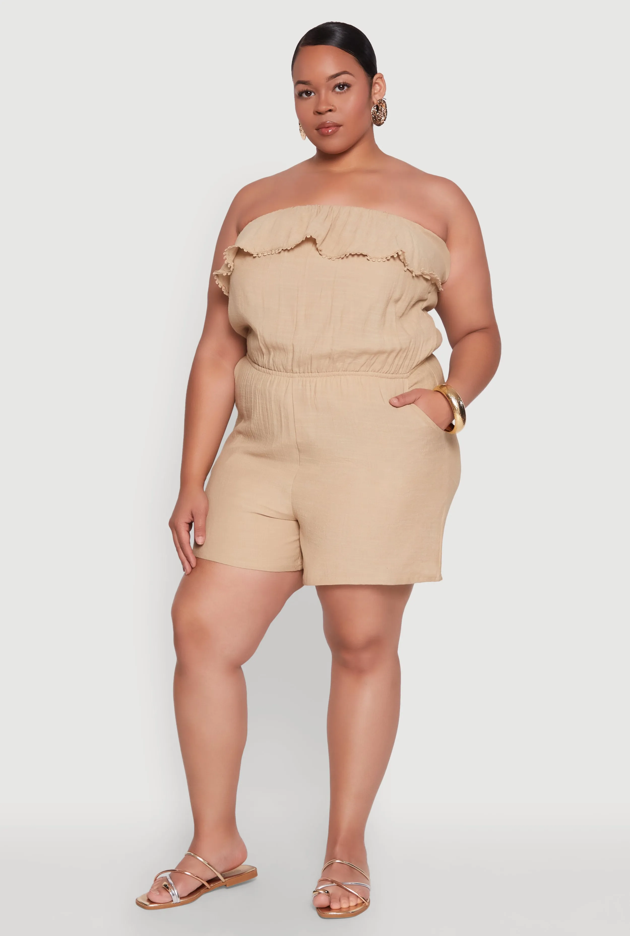 Plus Size Gauze Knit Ruffle Overlay Romper sold by Rainbow