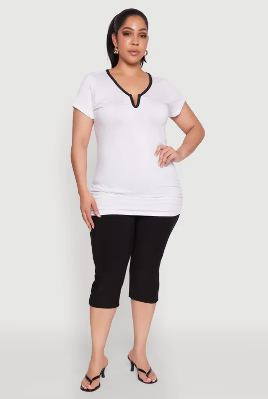 Plus Size Ruched Contrast Trim Notch Neck Top sold by Rainbow