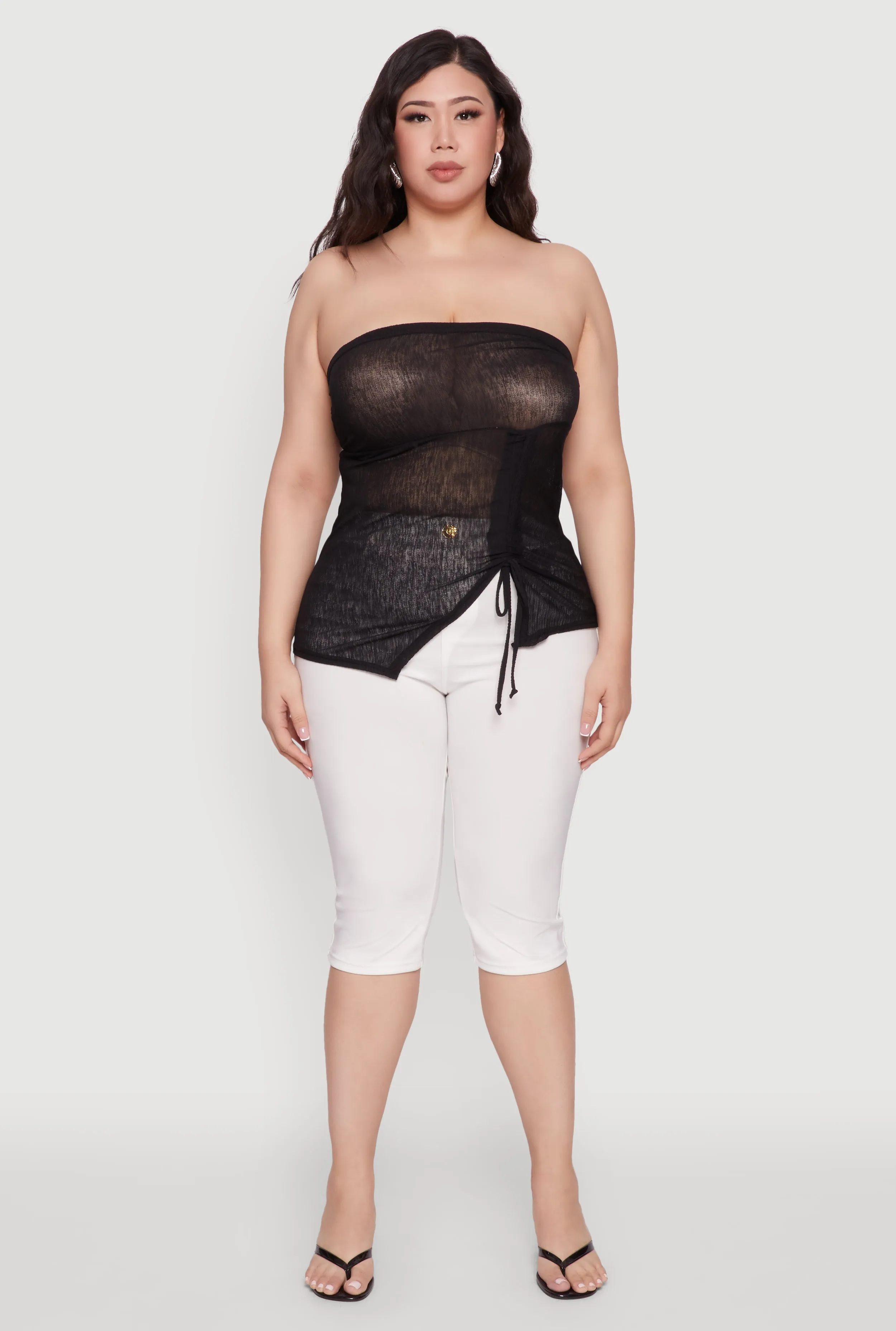 Plus Size Sheer Ruched Drawstring Tube Top sold by Rainbow