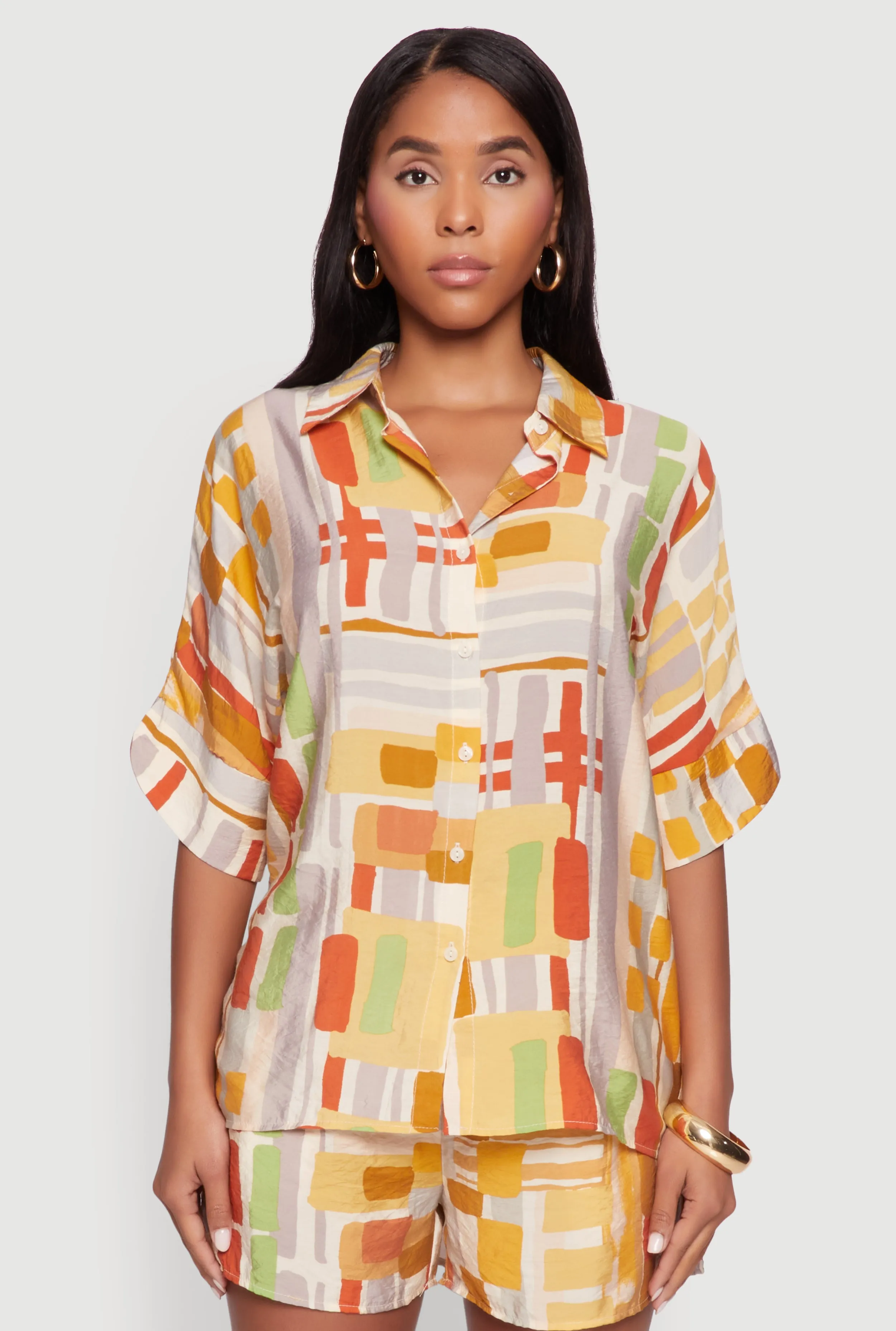 Abstract Geometric Print Airy Shirt sold by Rainbow