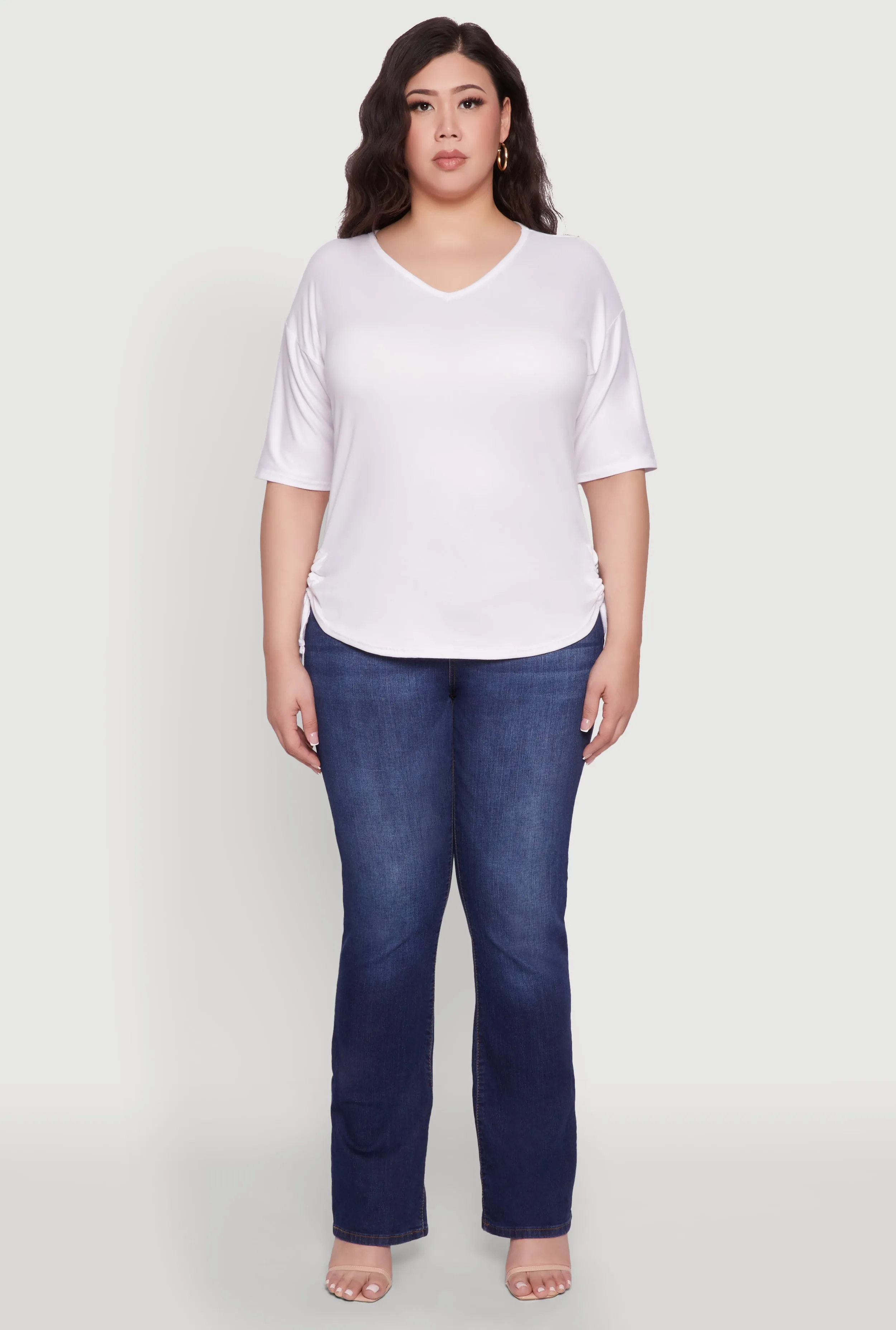 Plus Size Ruched Side Tie V Neck Top sold by Rainbow