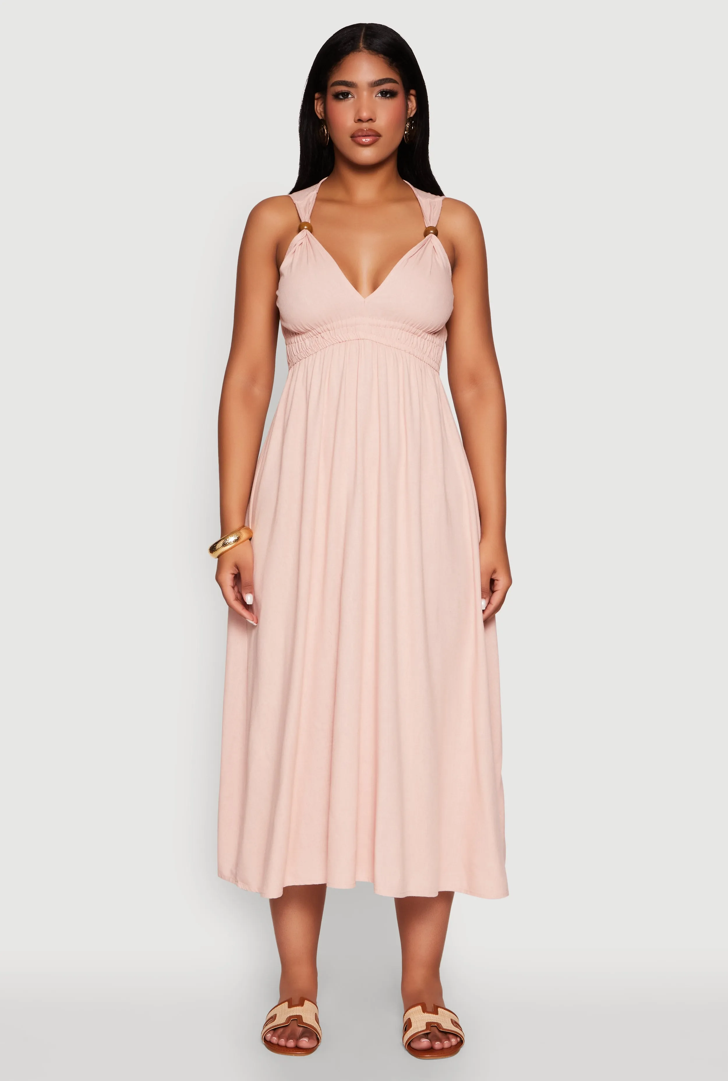 Haute Monde Linen Wood Beaded Strap Sundress sold by Rainbow