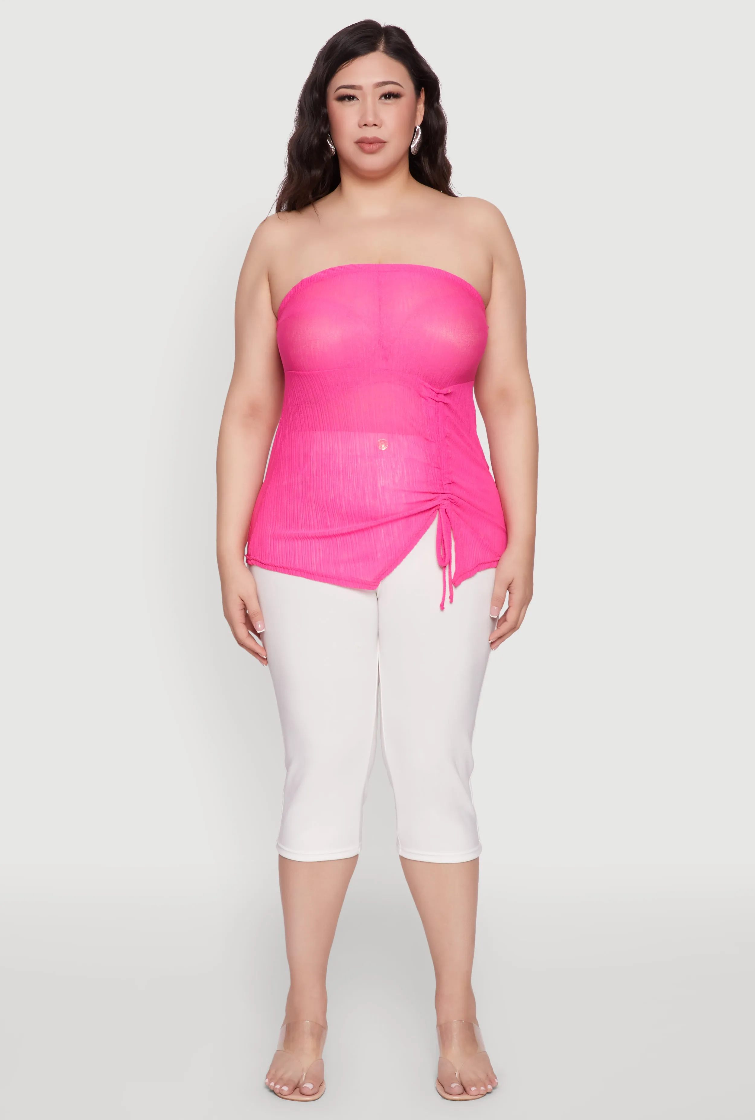 Plus Size Sheer Ruched Drawstring Tube Top sold by Rainbow