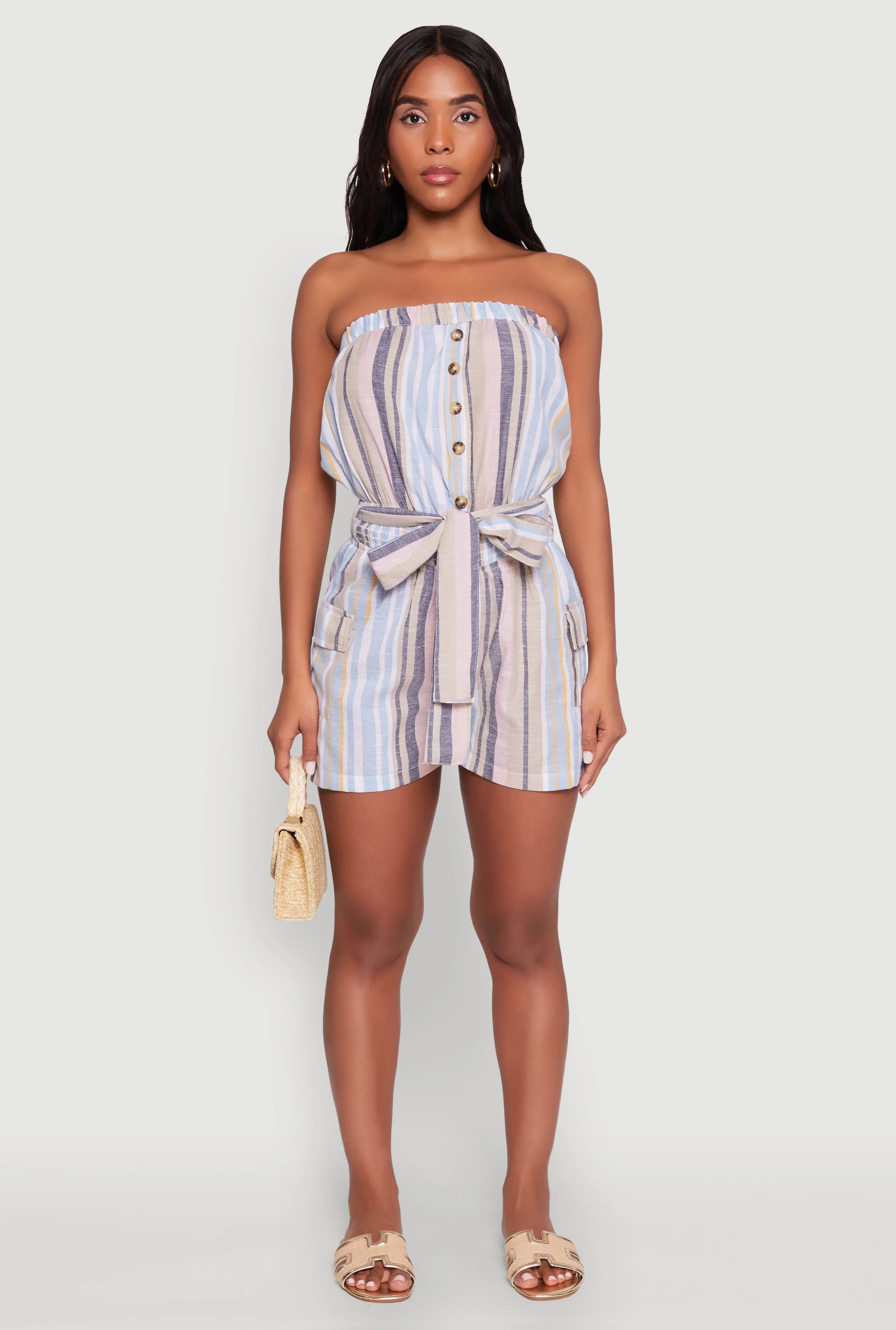 Striped Tie Waist Belted Cargo Pocket Romper sold by Rainbow product image thumbnail 2