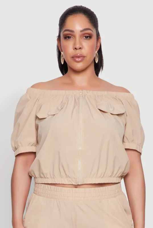 Plus Size Off The Shoulder Zip Front Crop Top sold by Rainbow
